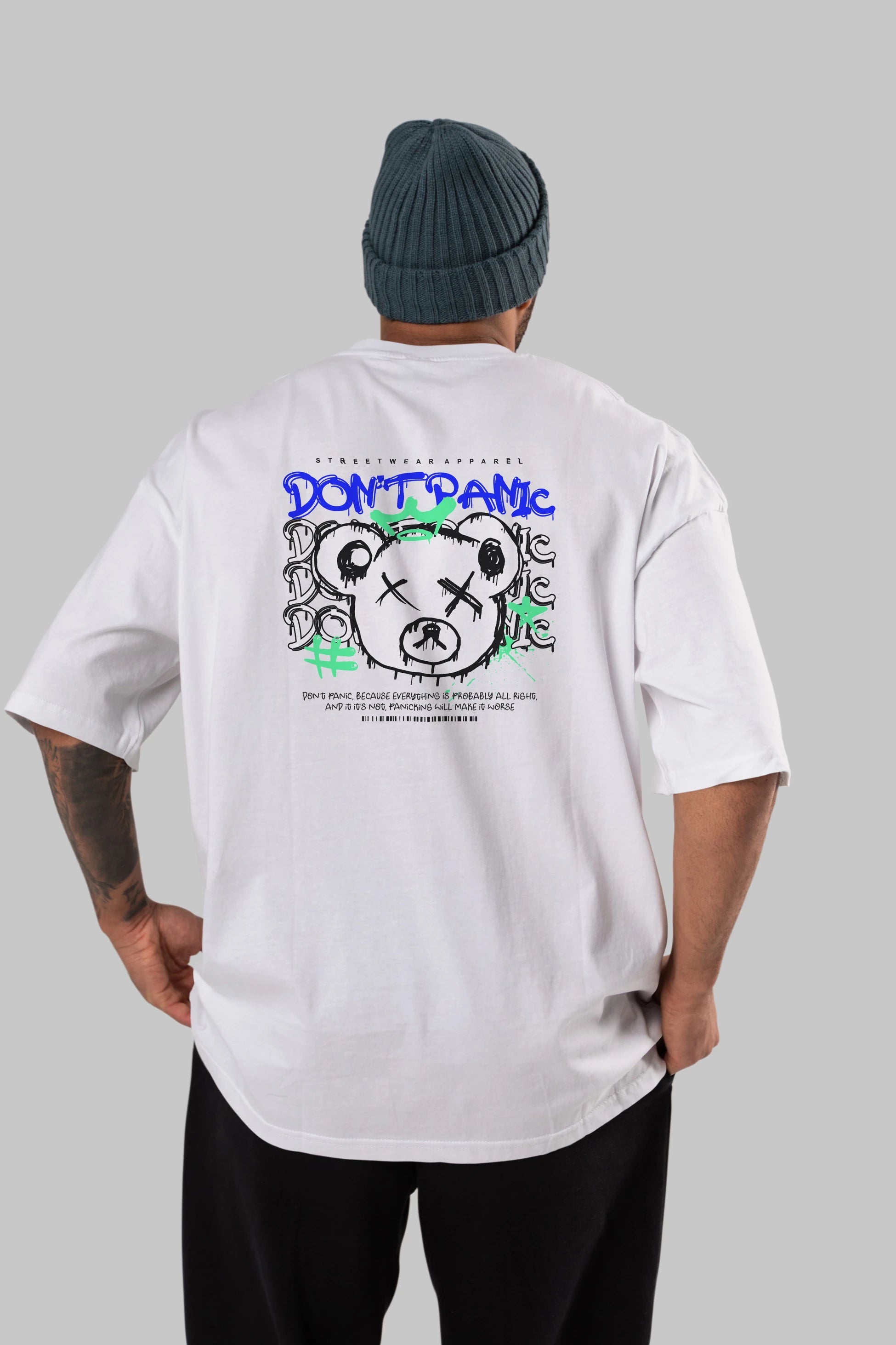 Teddy Bear Dont Panic Arka Baskılı Oversize t-shirt Erkek Kadın Unisex