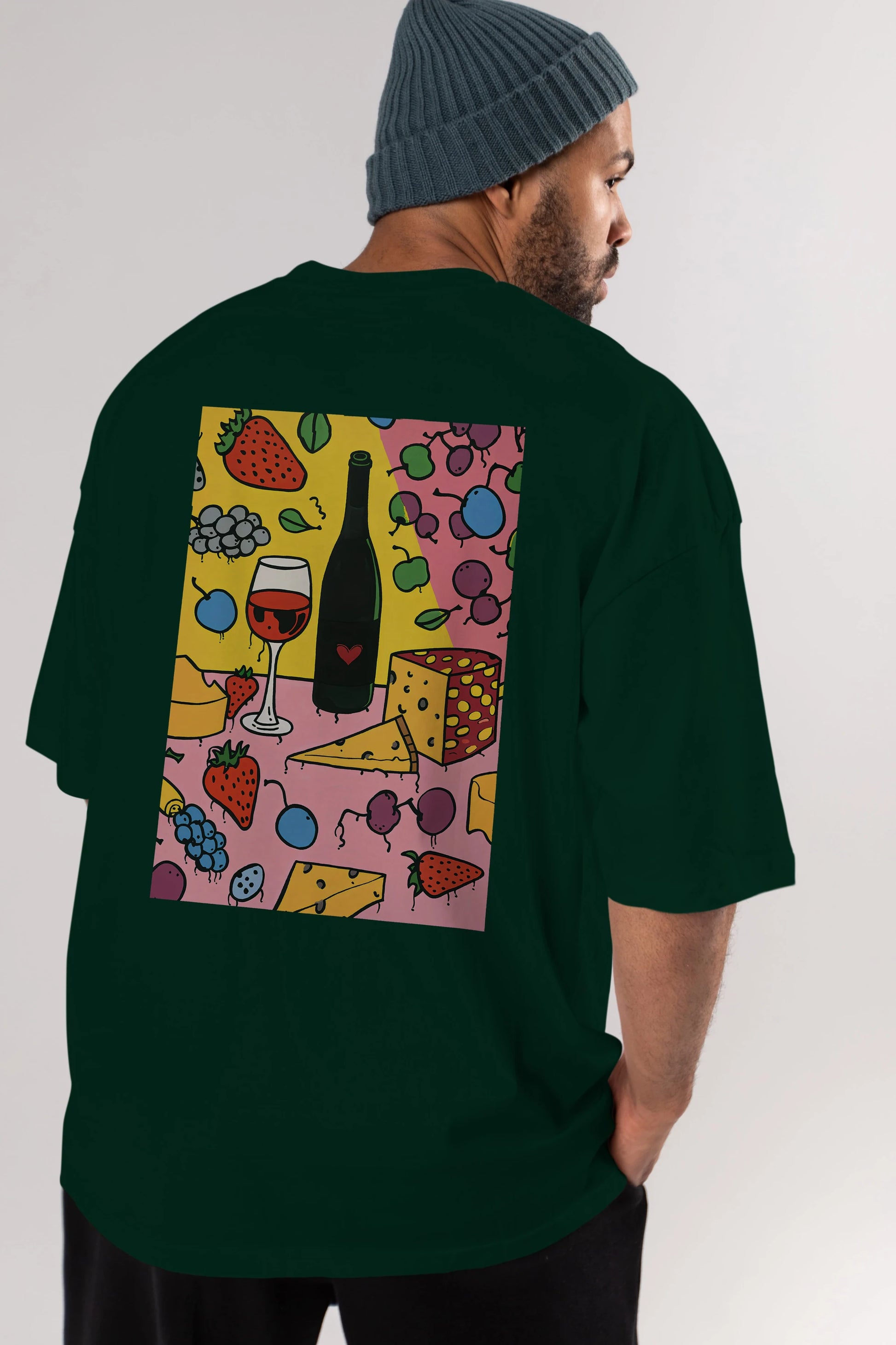 Wine Cheese Fruits Arka Baskılı Oversize t-shirt Erkek Kadın Unisex %100 Pamuk Bisiklet Yaka tişort