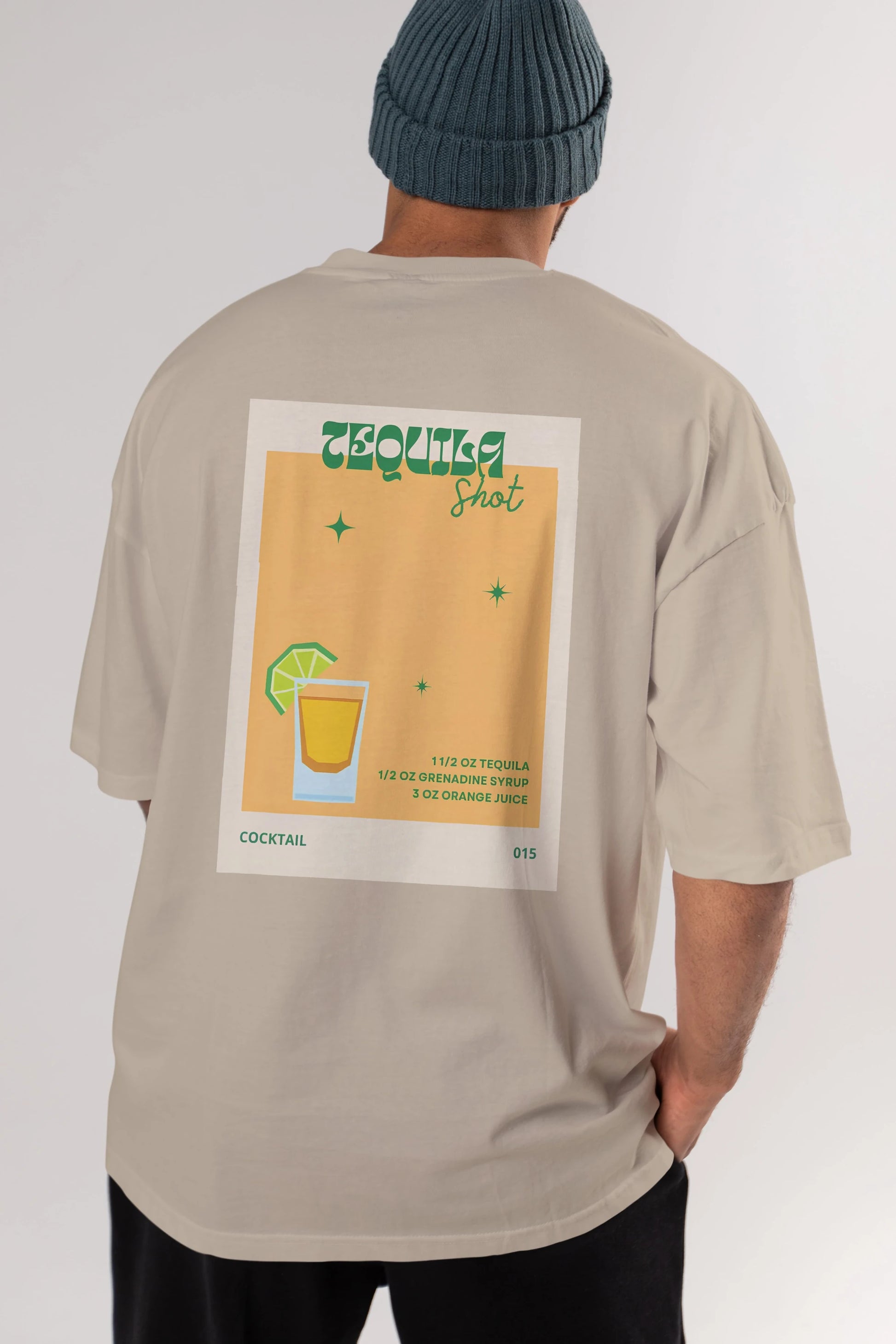 Tequila Shot 2 Arka Baskılı Oversize t-shirt Erkek Kadın Unisex %100 Pamuk Bisiklet Yaka tişort