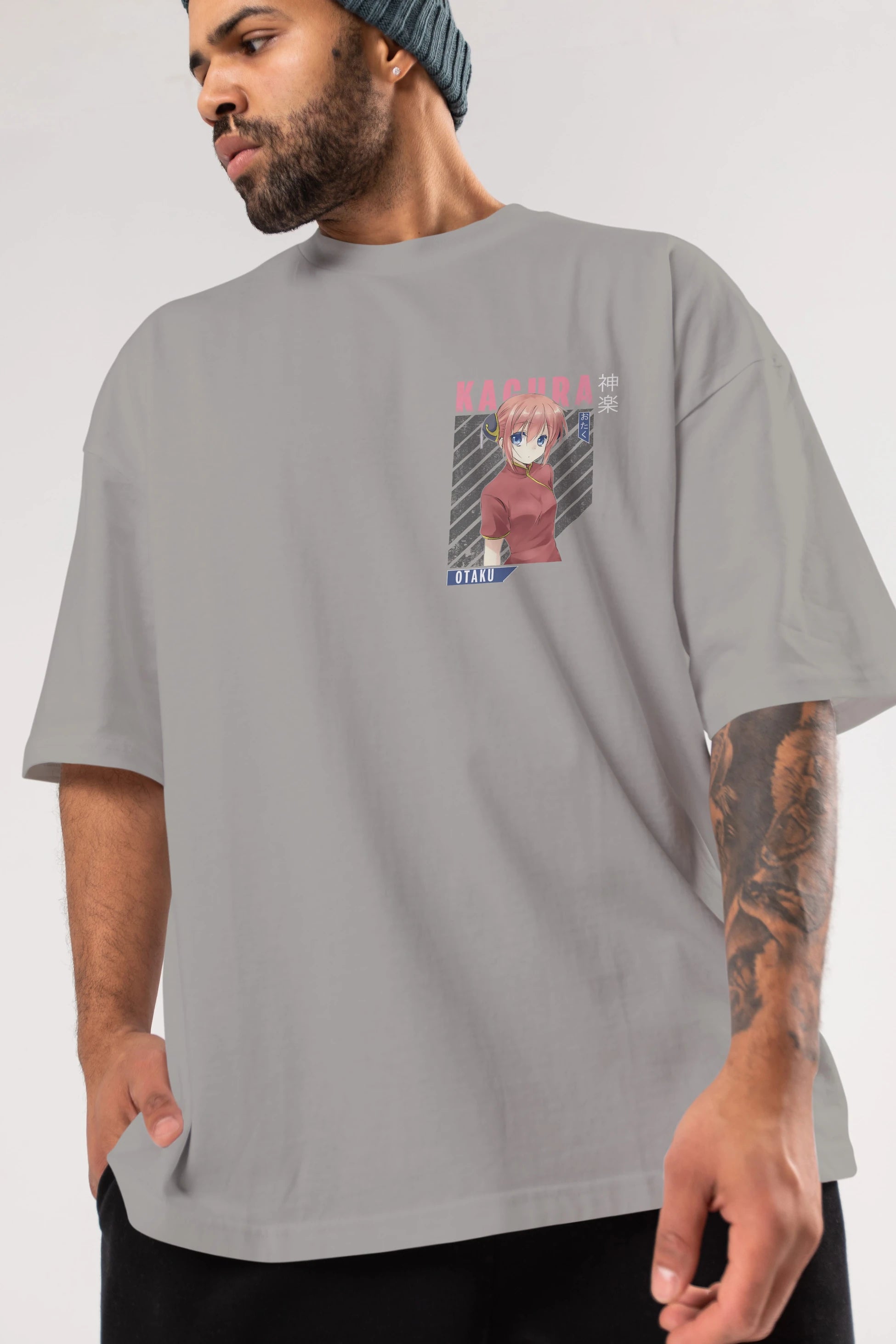 Kagura GINTAMA Ön Sol Baskılı Oversize t-shirt Erkek Kadın Unisex %100 Pamuk Bisiklet Yaka tişort