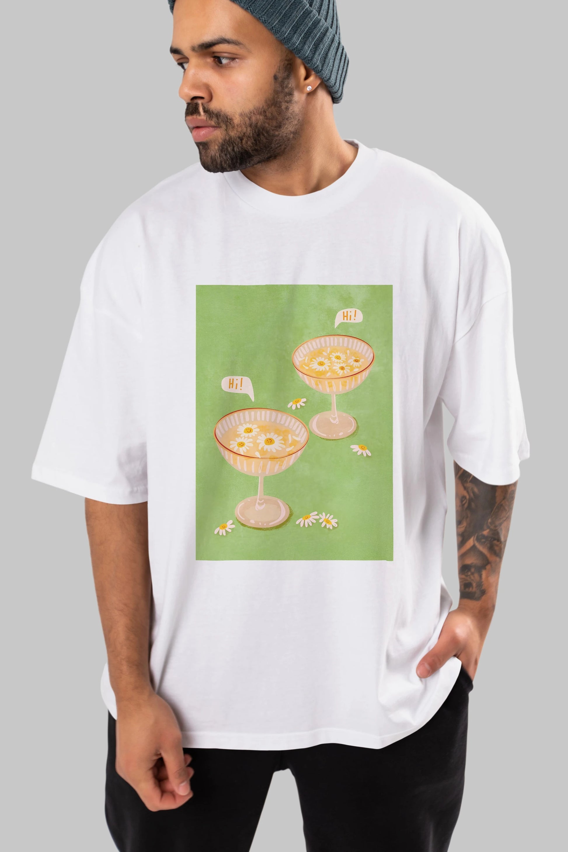 Hi Cheers Ön Baskılı Oversize t-shirt Erkek Kadın Unisex %100 Pamuk Bisiklet Yaka tişort