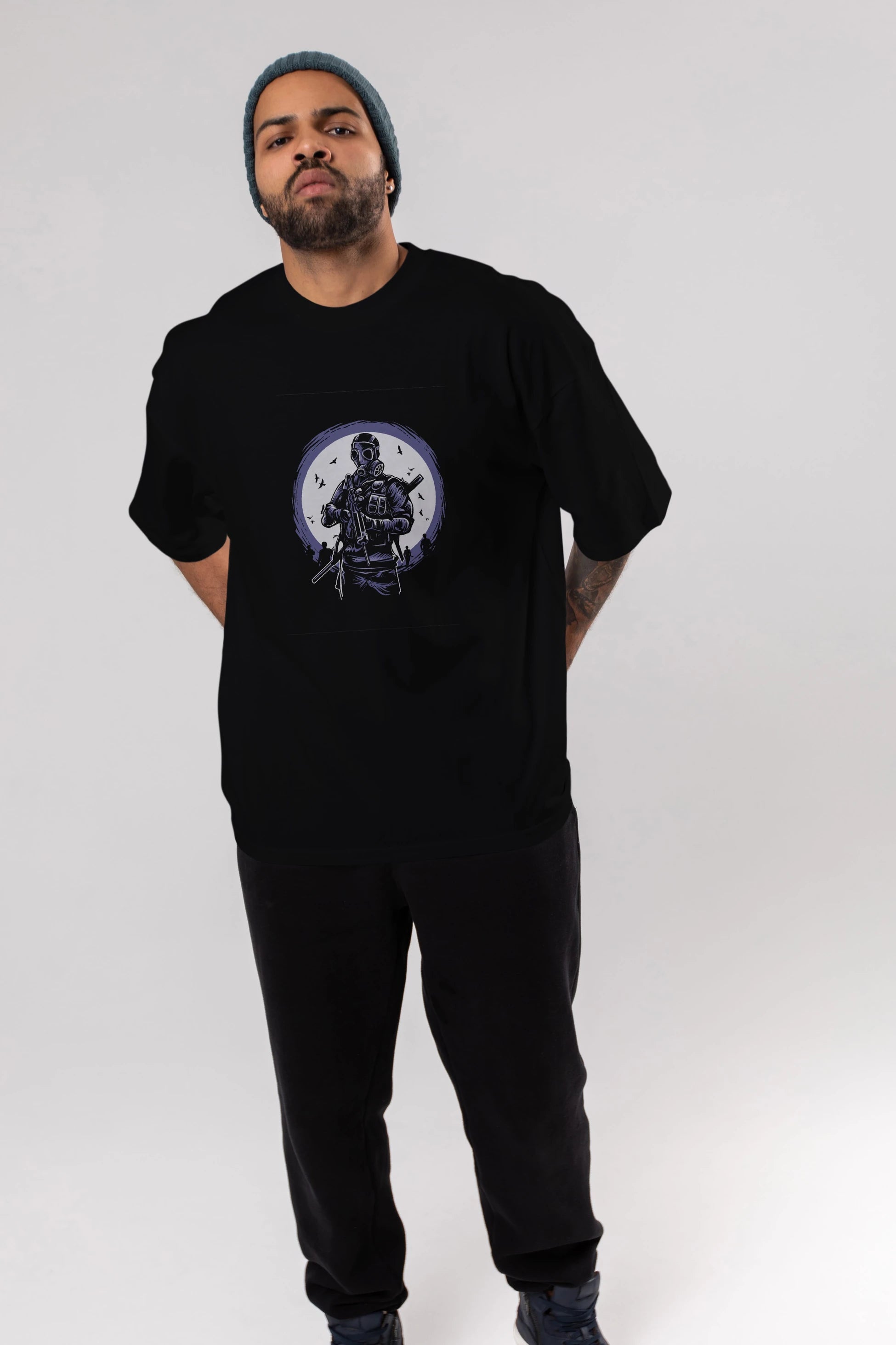 Gas Mask Soldier Ön Baskılı Oversize t-shirt Erkek Kadın Unisex %100 Pamuk tişort