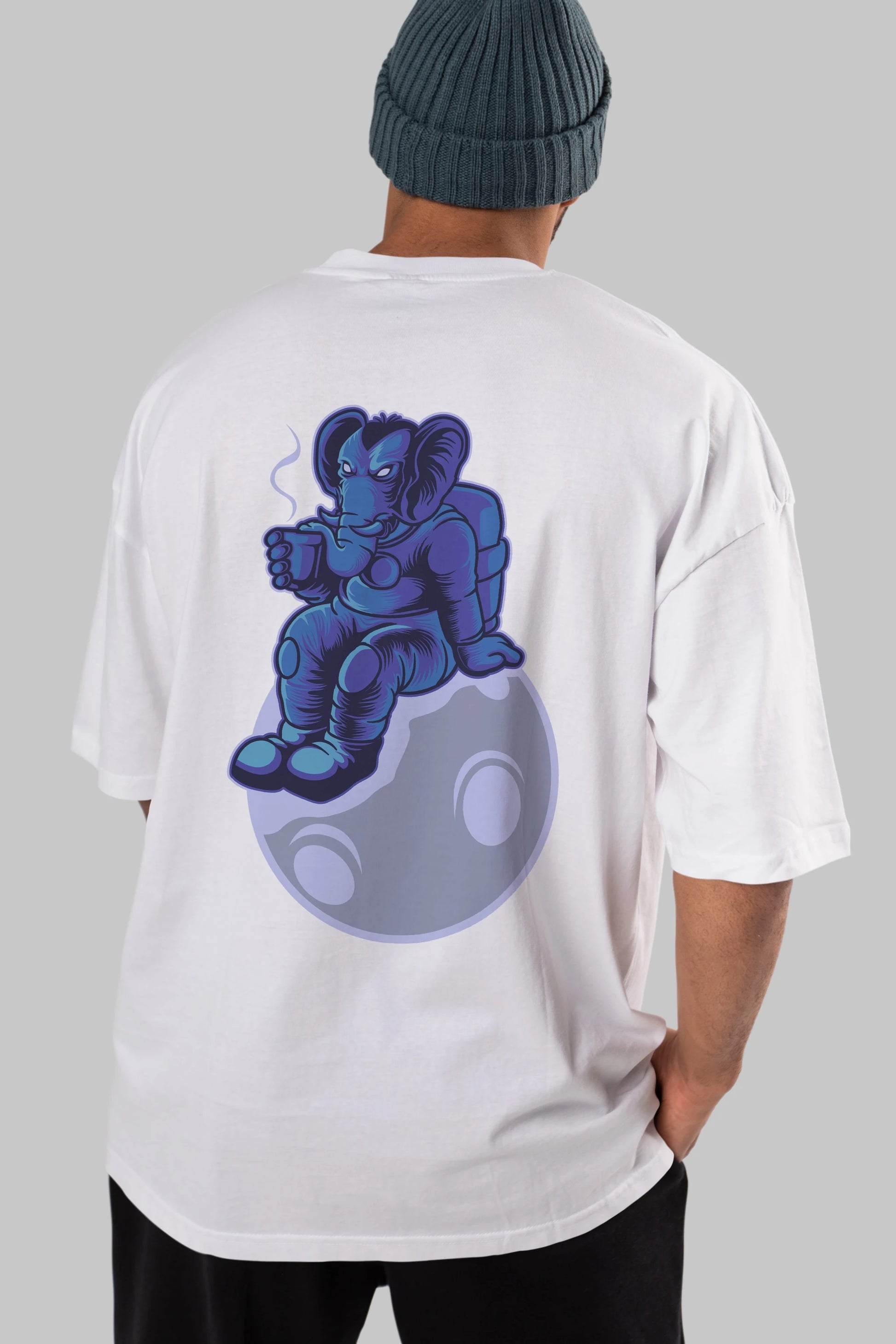 Space Elephant Drink Coffee Arka Baskılı Oversize t-shirt Erkek Kadın Unisex