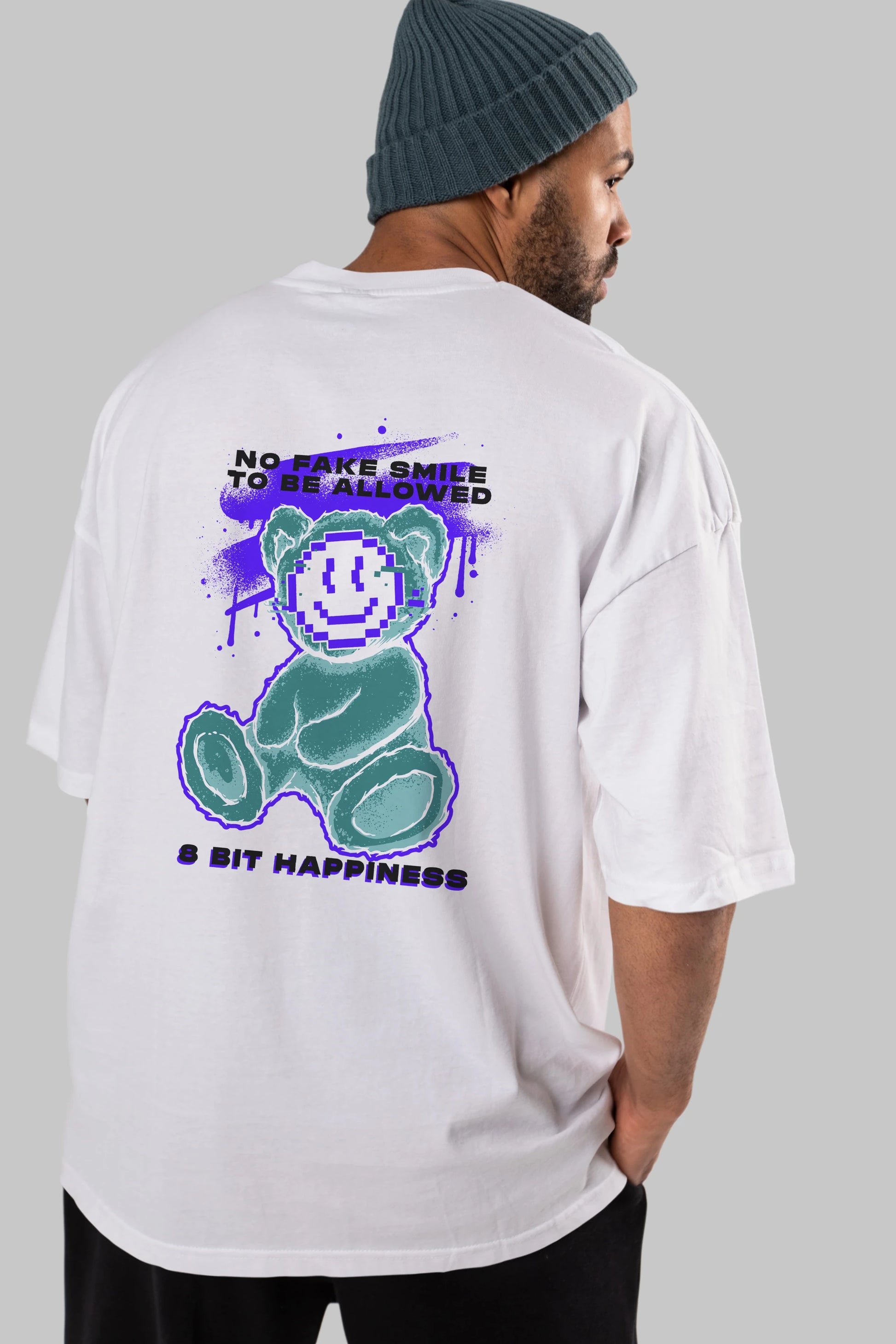 No Fake Smile Bear Arka Baskılı Oversize t-shirt Erkek Kadın Unisex