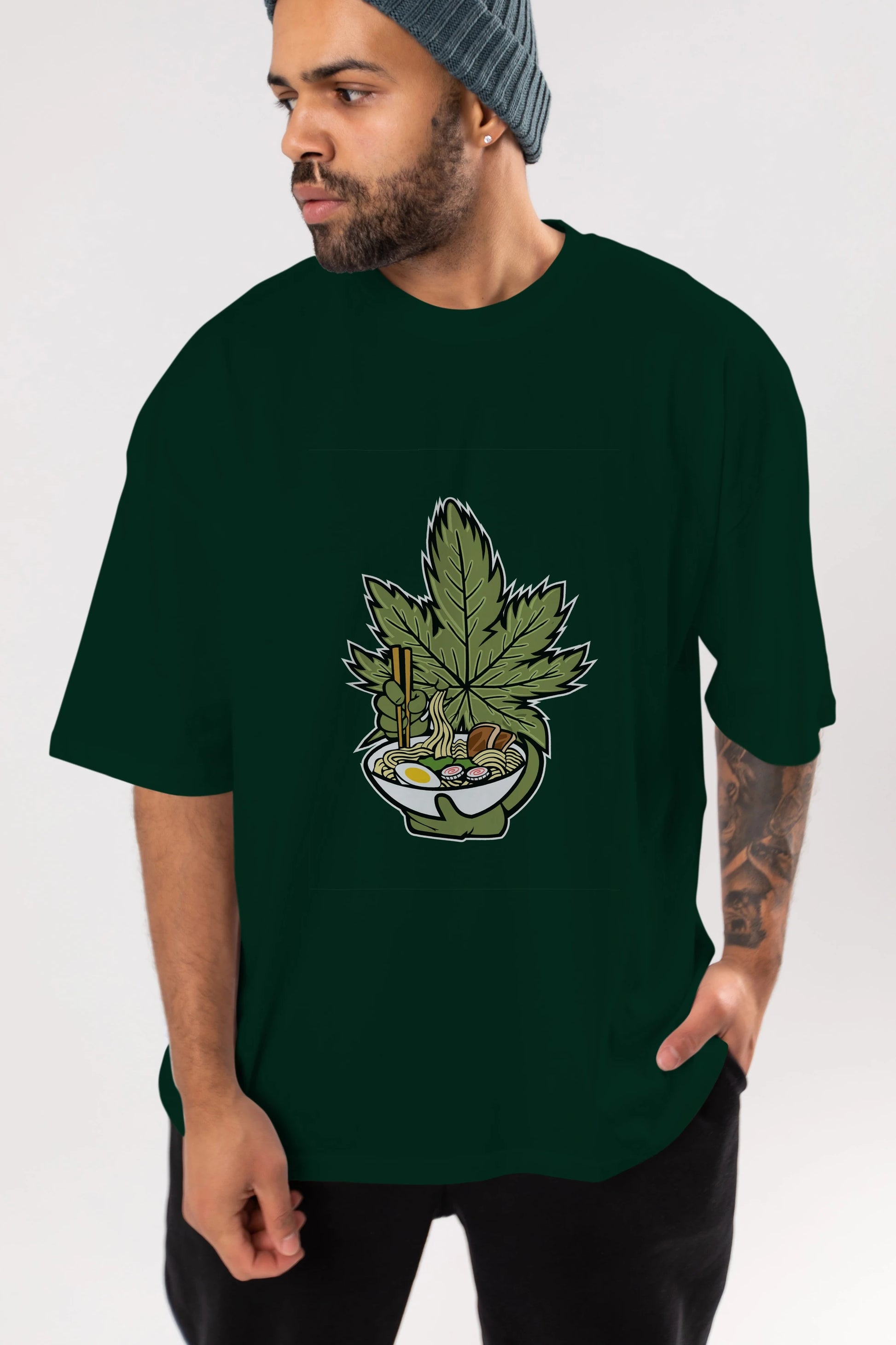 Weed Ramen Ön Baskılı Oversize t-shirt Erkek Kadın Unisex %100 Pamuk tişort
