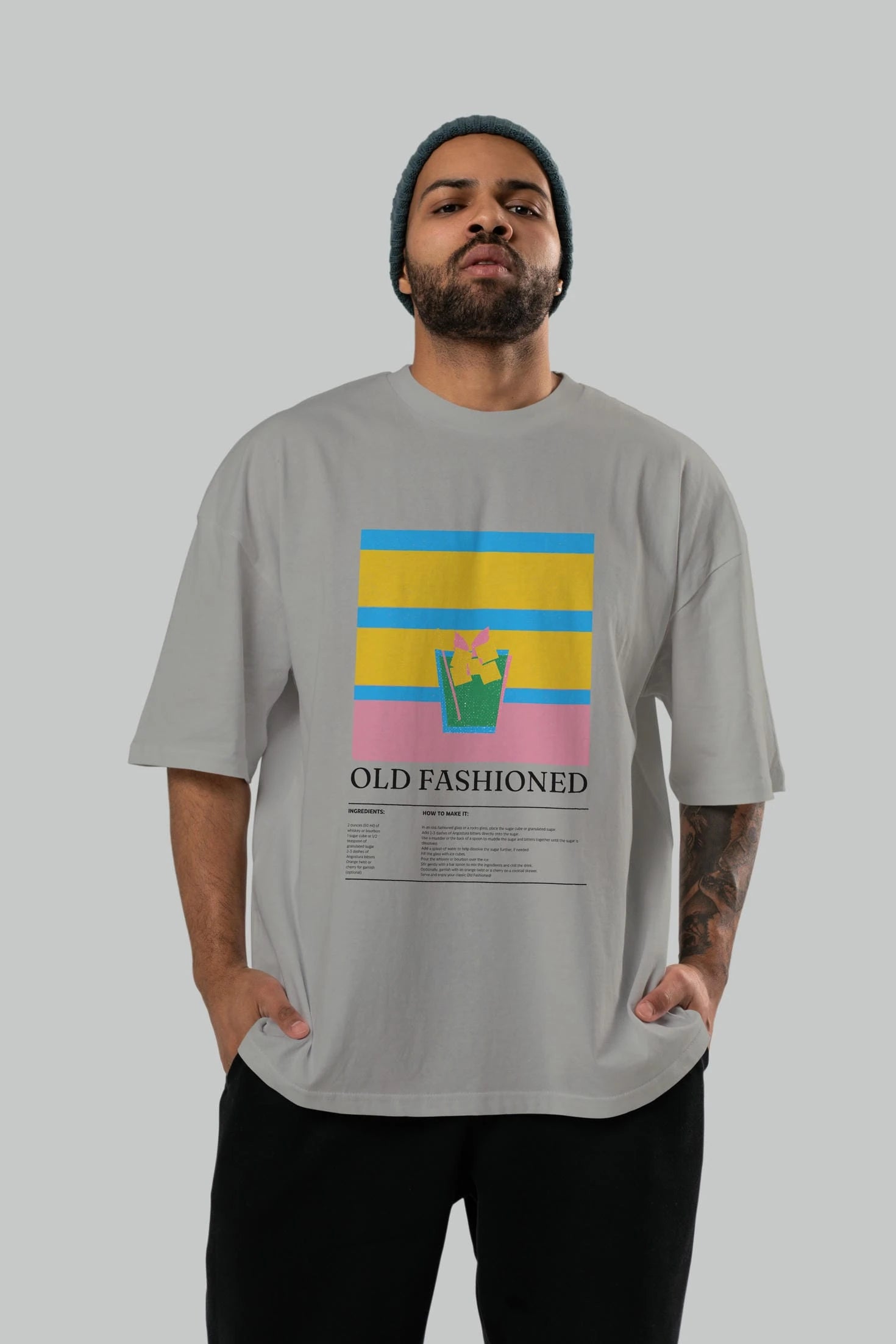 Old Fashioned Kokteyl Ön Baskılı Oversize t-shirt Erkek Kadın %100 Pamuk Bisiklet Yaka tişort