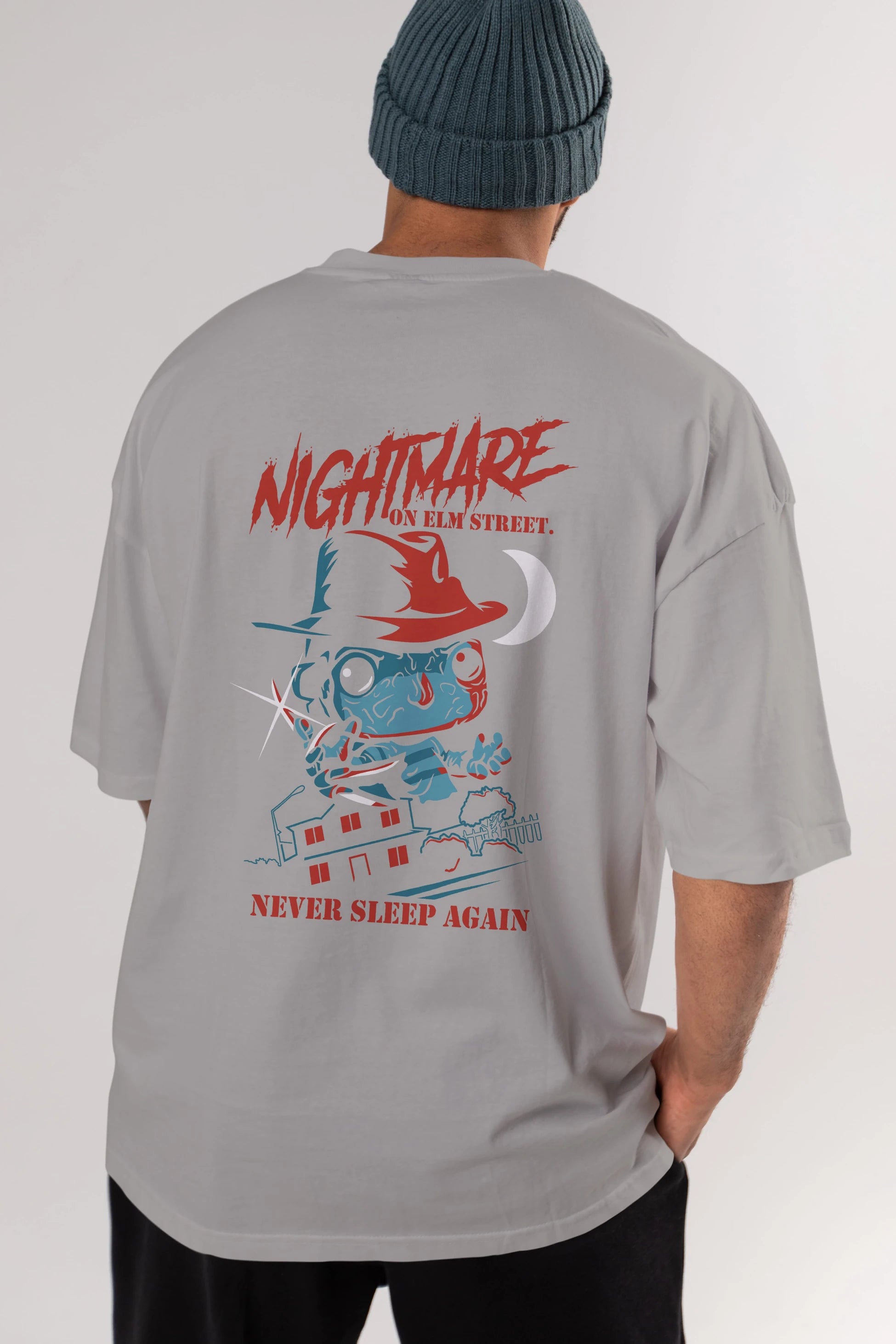 Nightmare Elm Sokağı Arka Baskılı Oversize t-shirt Erkek Kadın Unisex %100 Pamuk Bisiklet Yaka tişort