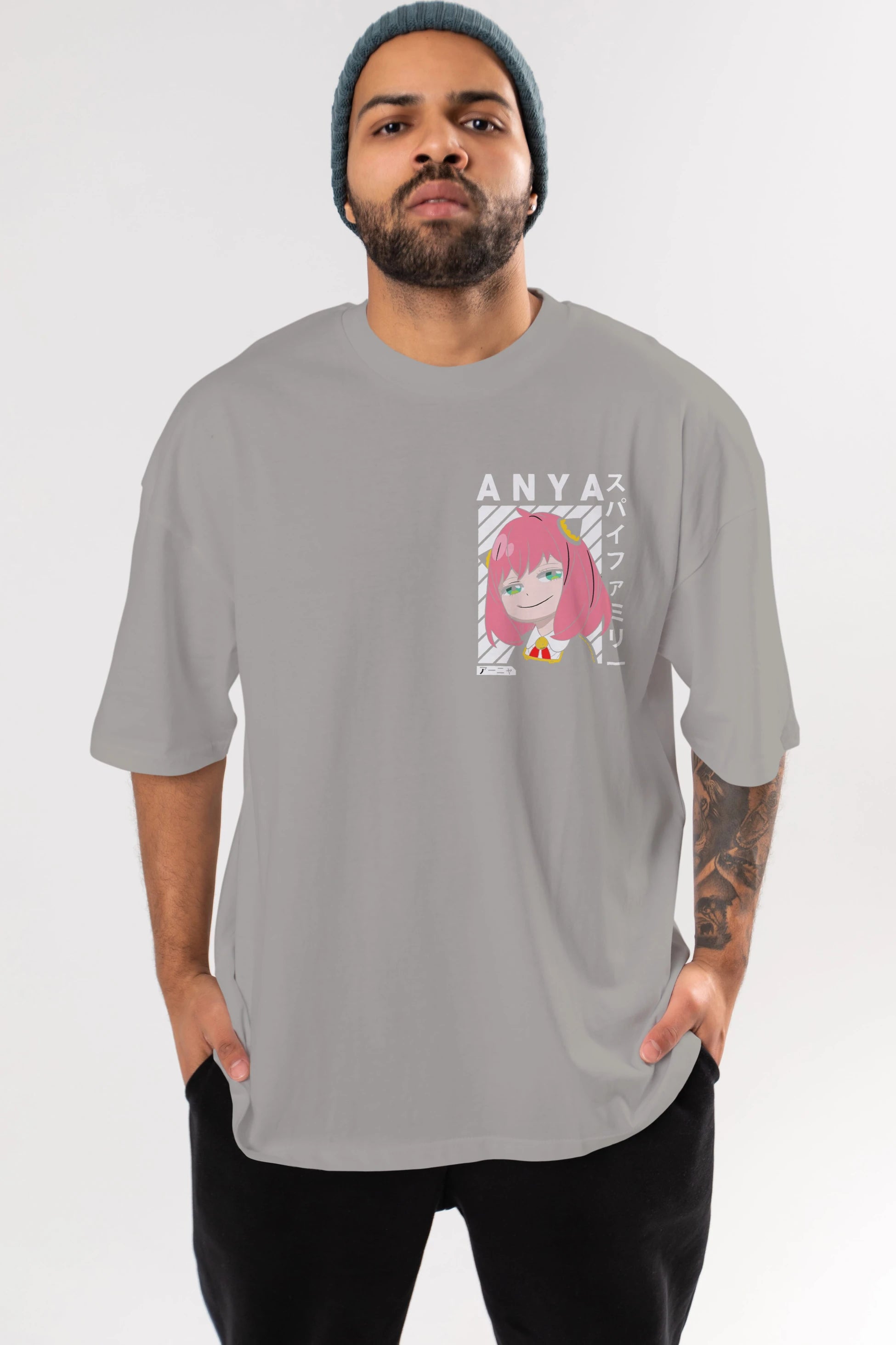 Anya SPYX FAMILY Ön Sol Baskılı Oversize t-shirt Erkek Kadın Unisex %100 Pamuk Bisiklet Yaka tişort