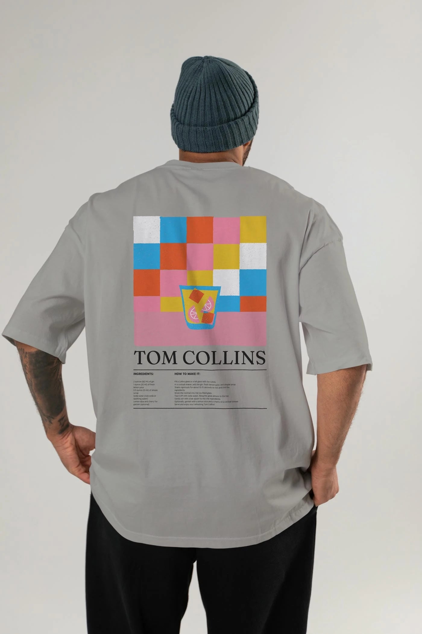 Tom Collins Kokteyl Serisi Arka Baskılı Oversize t-shirt Erkek Kadın %100 Pamuk Bisiklet Yaka tişort