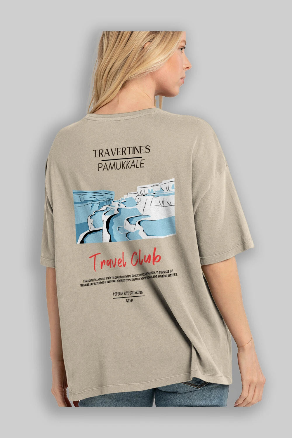 Travertines Pamukkale Arka Baskılı Oversize t-shirt Erkek Kadın Pamuk Bisiklet Yaka tişort