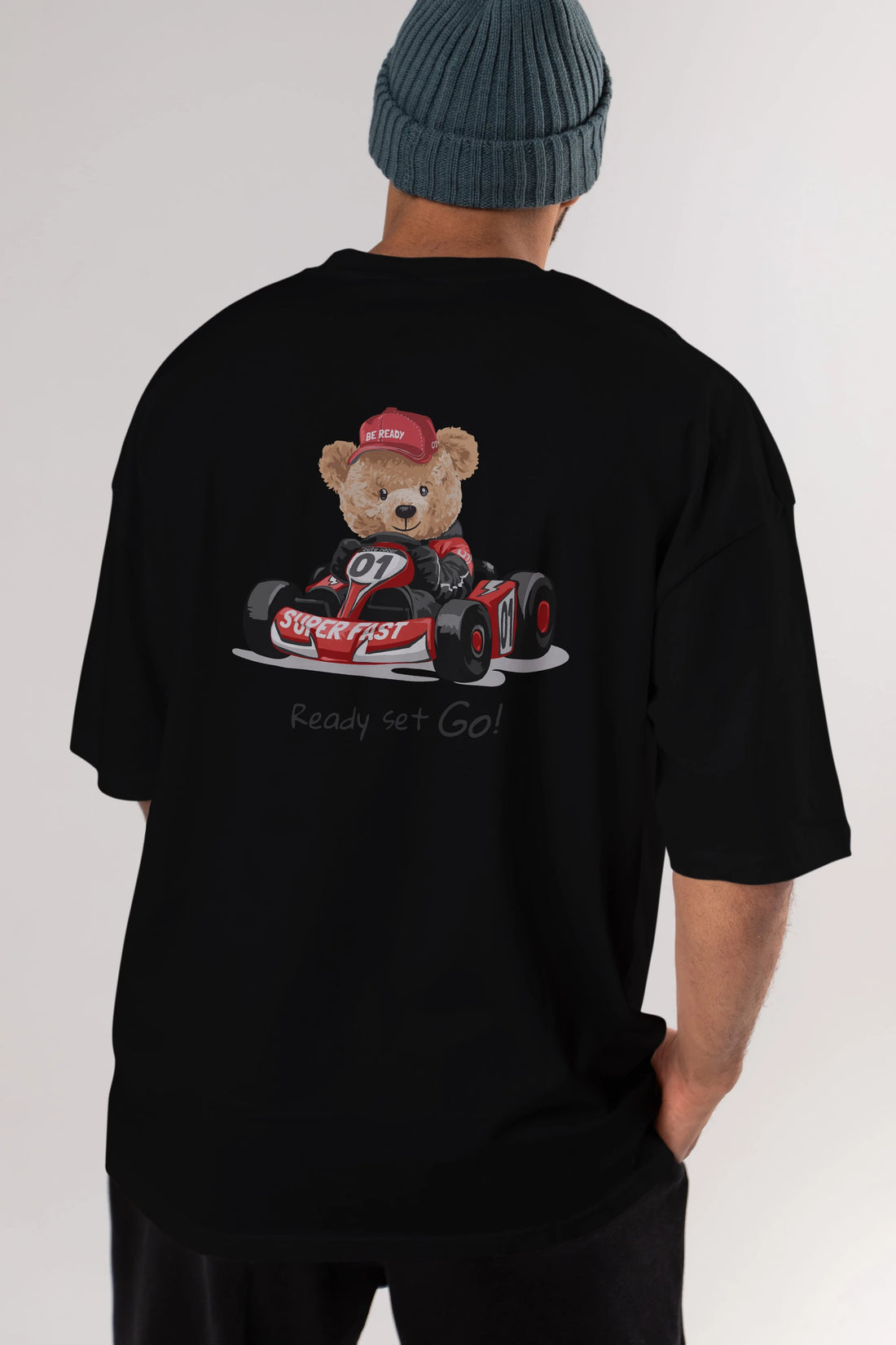 Teddy Bear Ready Set Go Arka Baskılı Oversize t-shirt Erkek Kadın Unisex %100 Pamuk