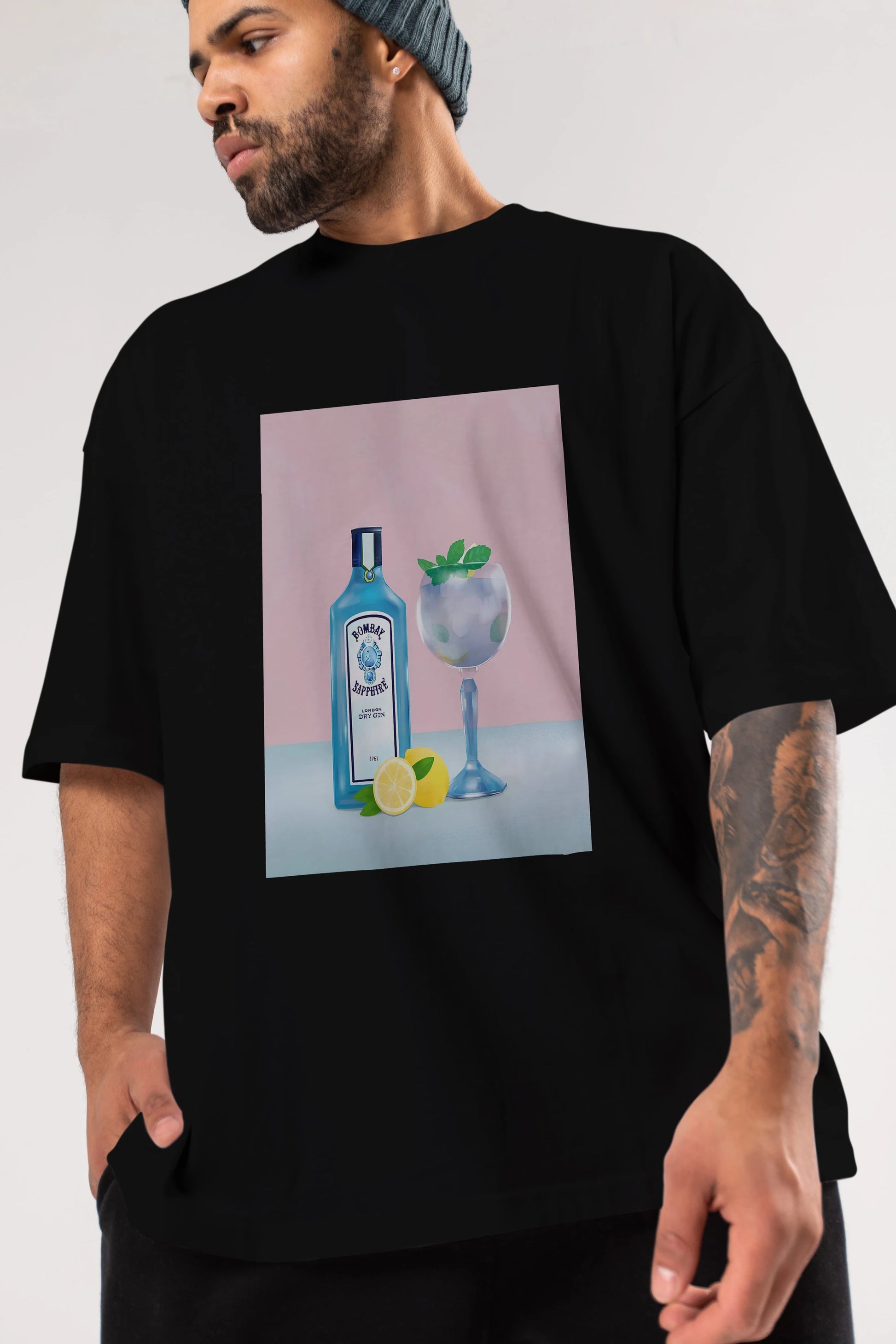 Bombay Sapphire Dry Gin Ön Baskılı Oversize t-shirt Erkek Kadın Unisex %100 Pamuk Bisiklet Yaka tişort