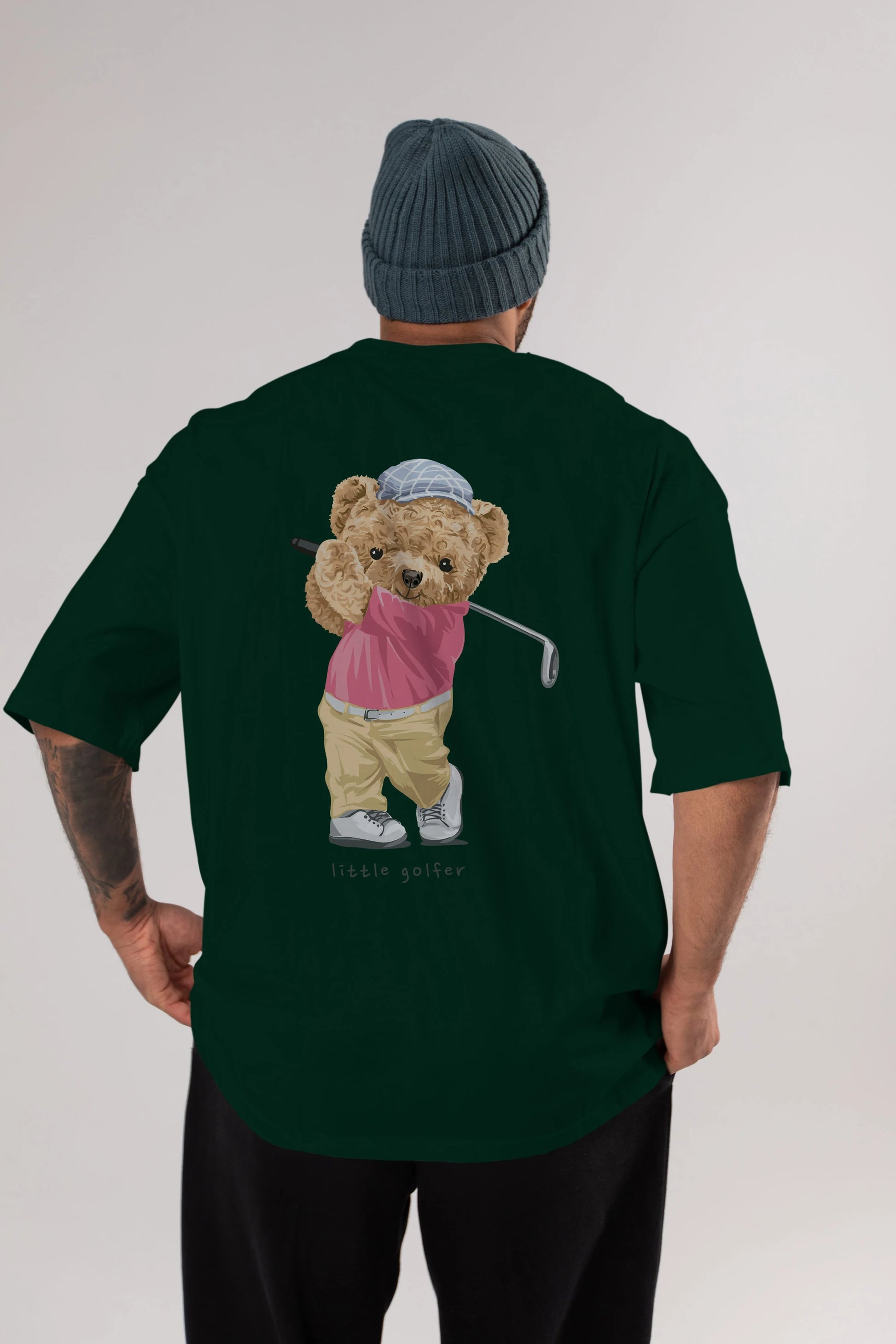 Teddy Bear Little Golfer Arka Baskılı Oversize t-shirt Erkek Kadın Unisex %100 Pamuk
