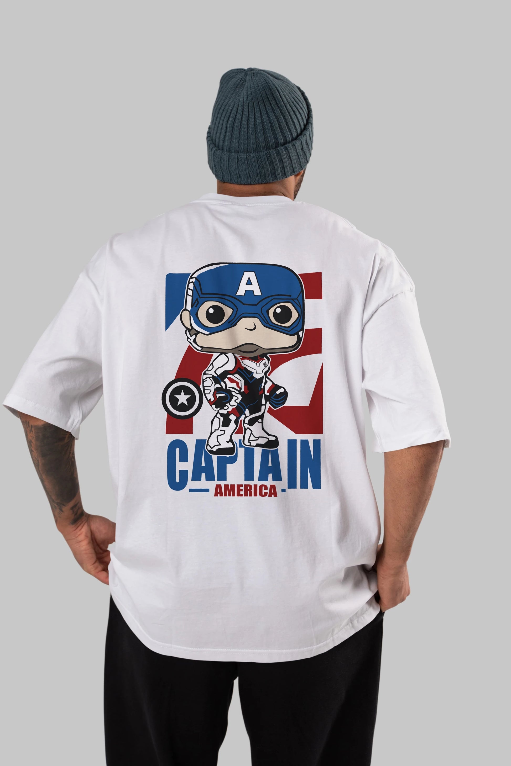 Captain America Arka Baskılı Oversize t-shirt Erkek Kadın Unisex %100 Pamuk Bisiklet Yaka tişort