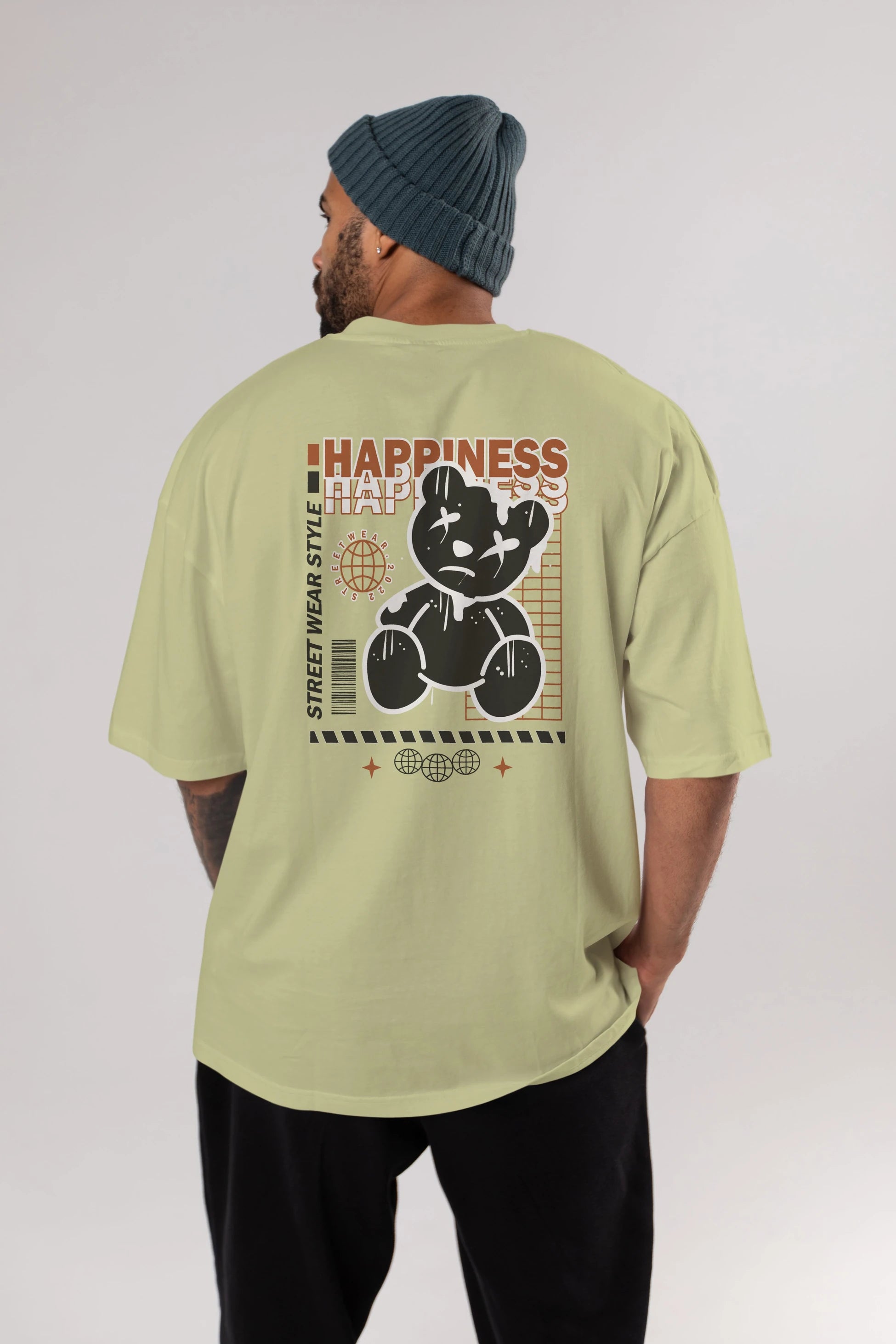 Happiness Bear 2 Arka Baskılı Oversize t-shirt Erkek Kadın Unisex