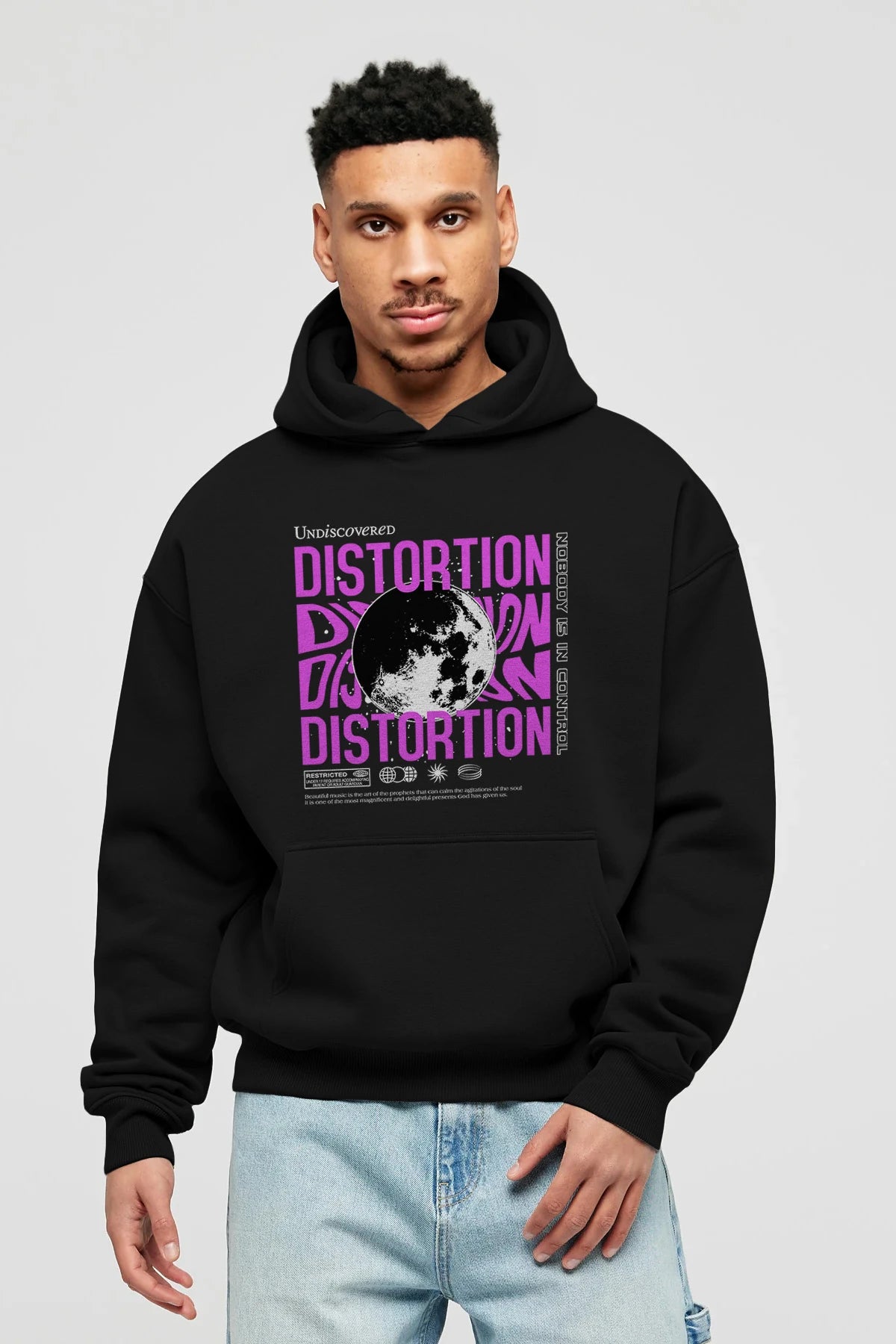 Distortion Ön Baskılı Hoodie Oversize Kapüşonlu Sweatshirt Erkek Kadın Unisex