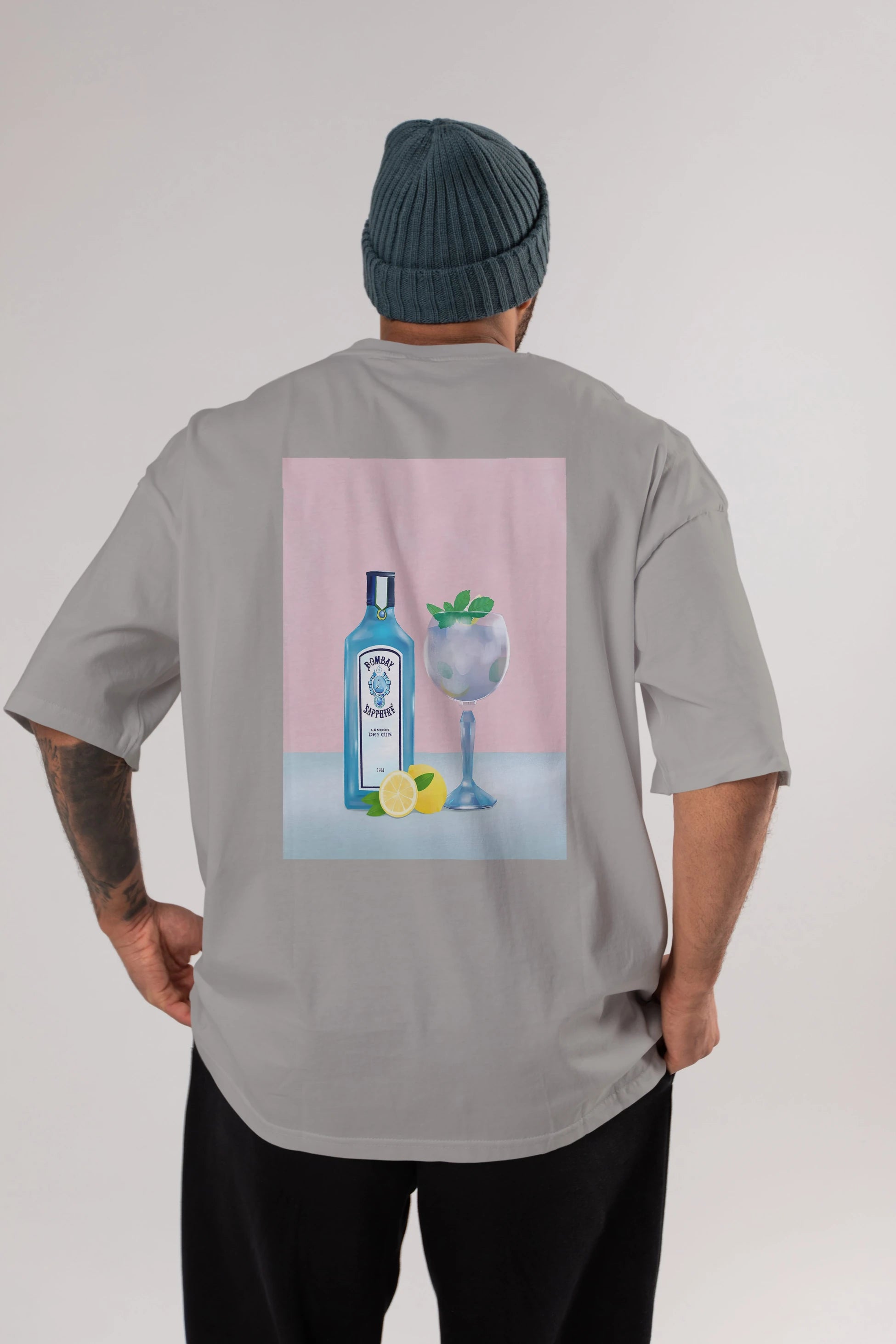 Bombay Sapphire Dry Gin Arka Baskılı Oversize t-shirt Erkek Kadın Unisex %100 Pamuk Bisiklet Yaka tişort
