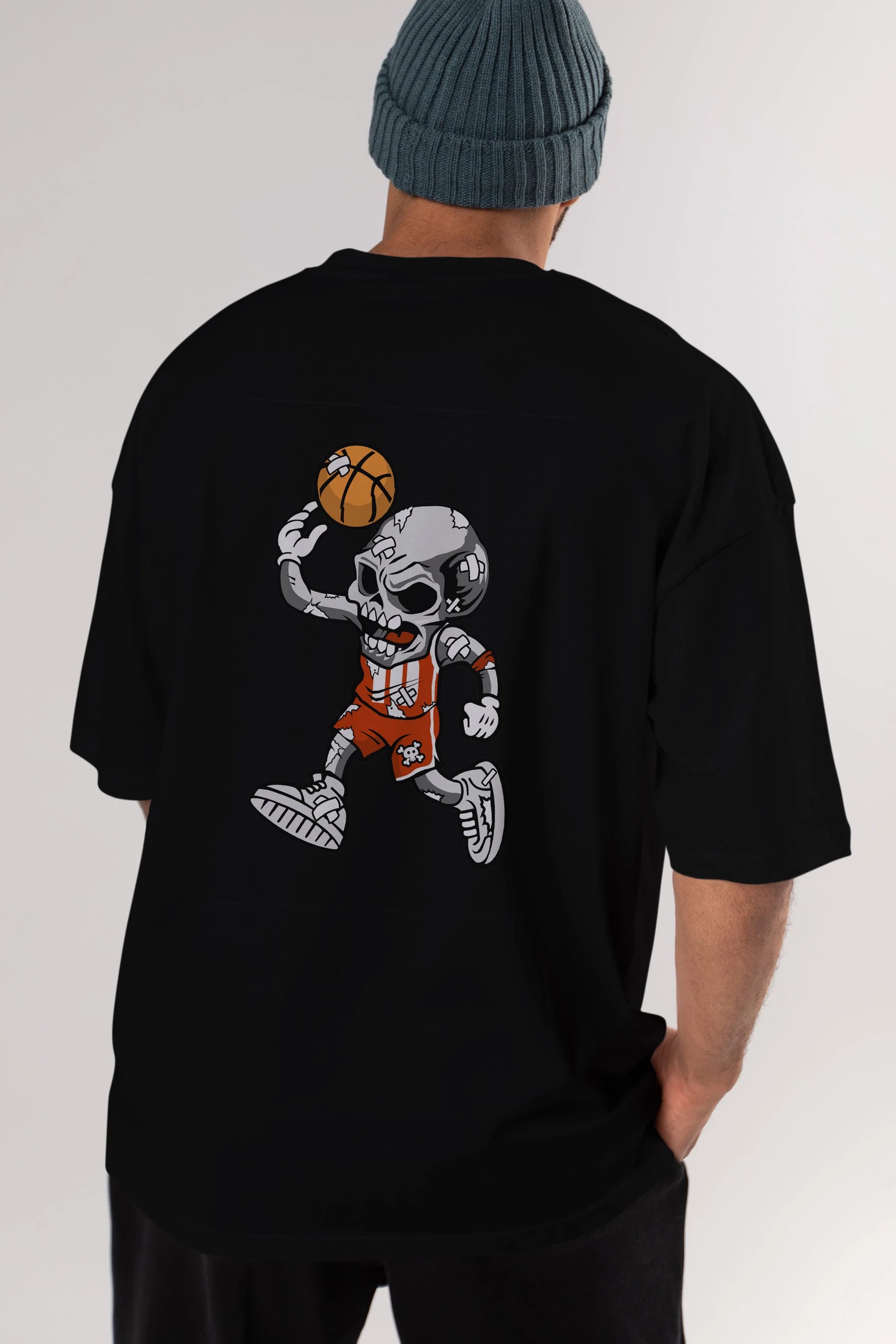 Skull Basketball Arka Baskılı Oversize t-shirt Erkek Kadın Unisex %100 Pamuk tişort