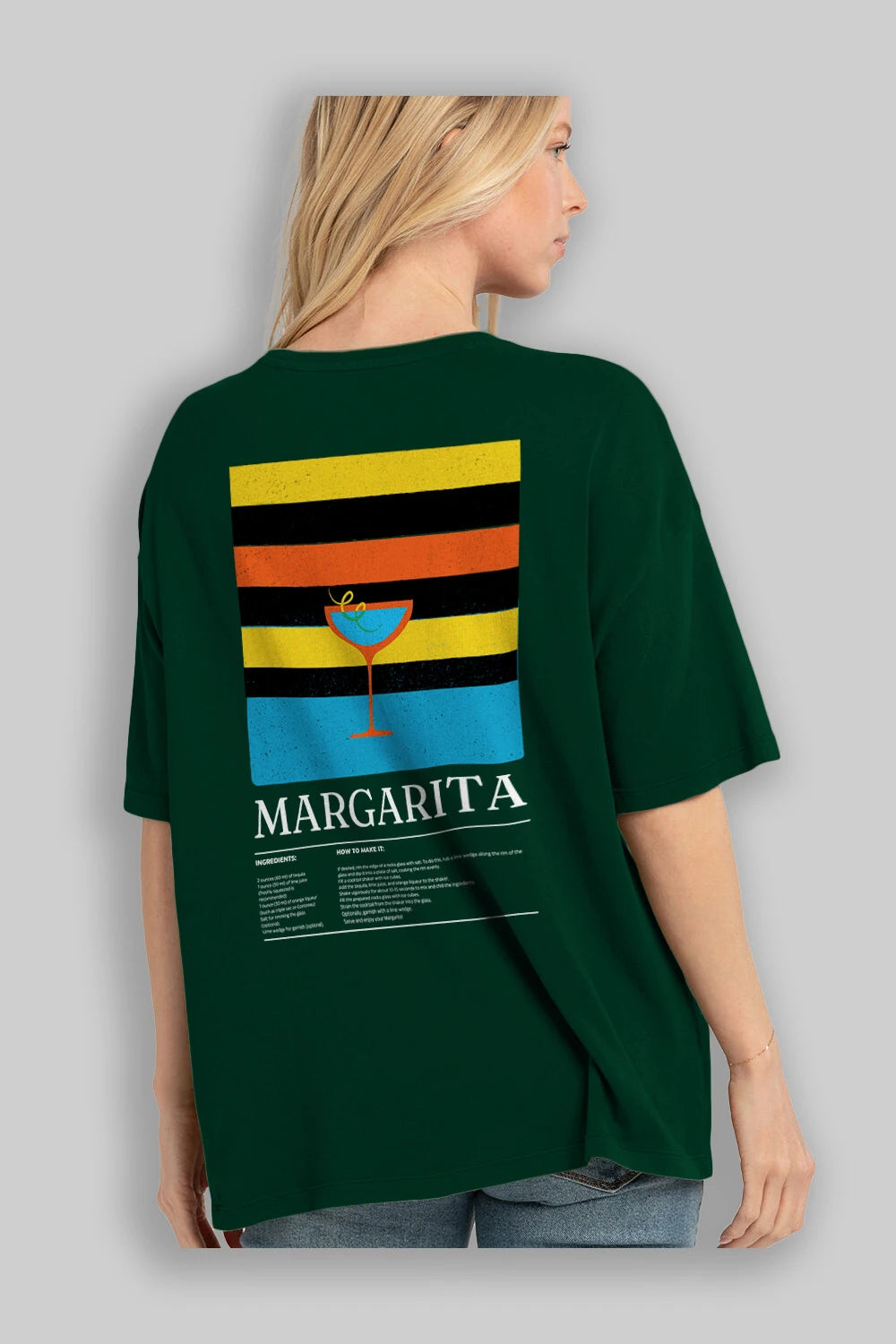 Margarita Kokteyl Serisi Arka Baskılı Oversize t-shirt Erkek Kadın %100 Pamuk Bisiklet Yaka tişort