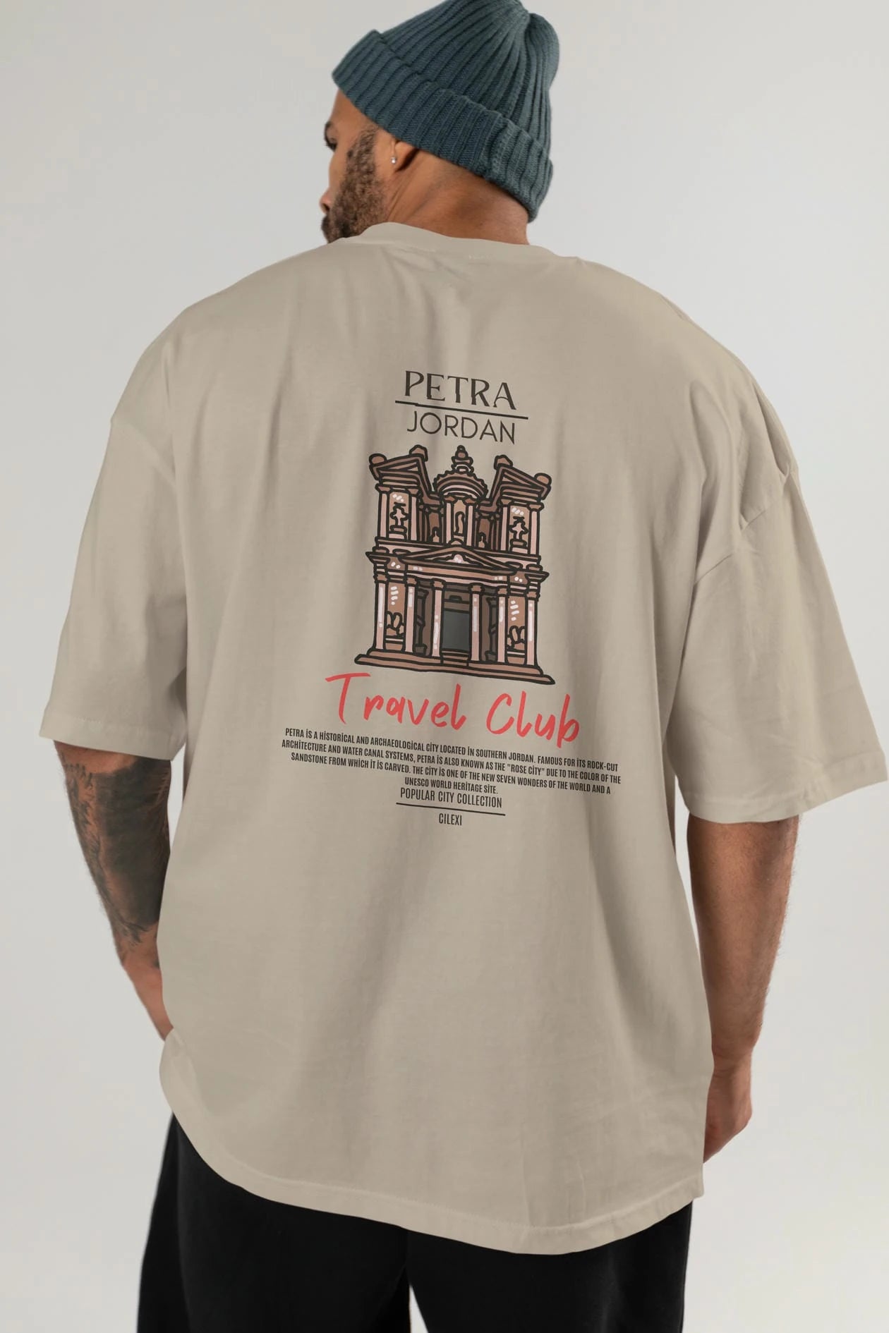Petra Jordan Arka Baskılı Oversize t-shirt Erkek Kadın Pamuk Bisiklet Yaka tişort