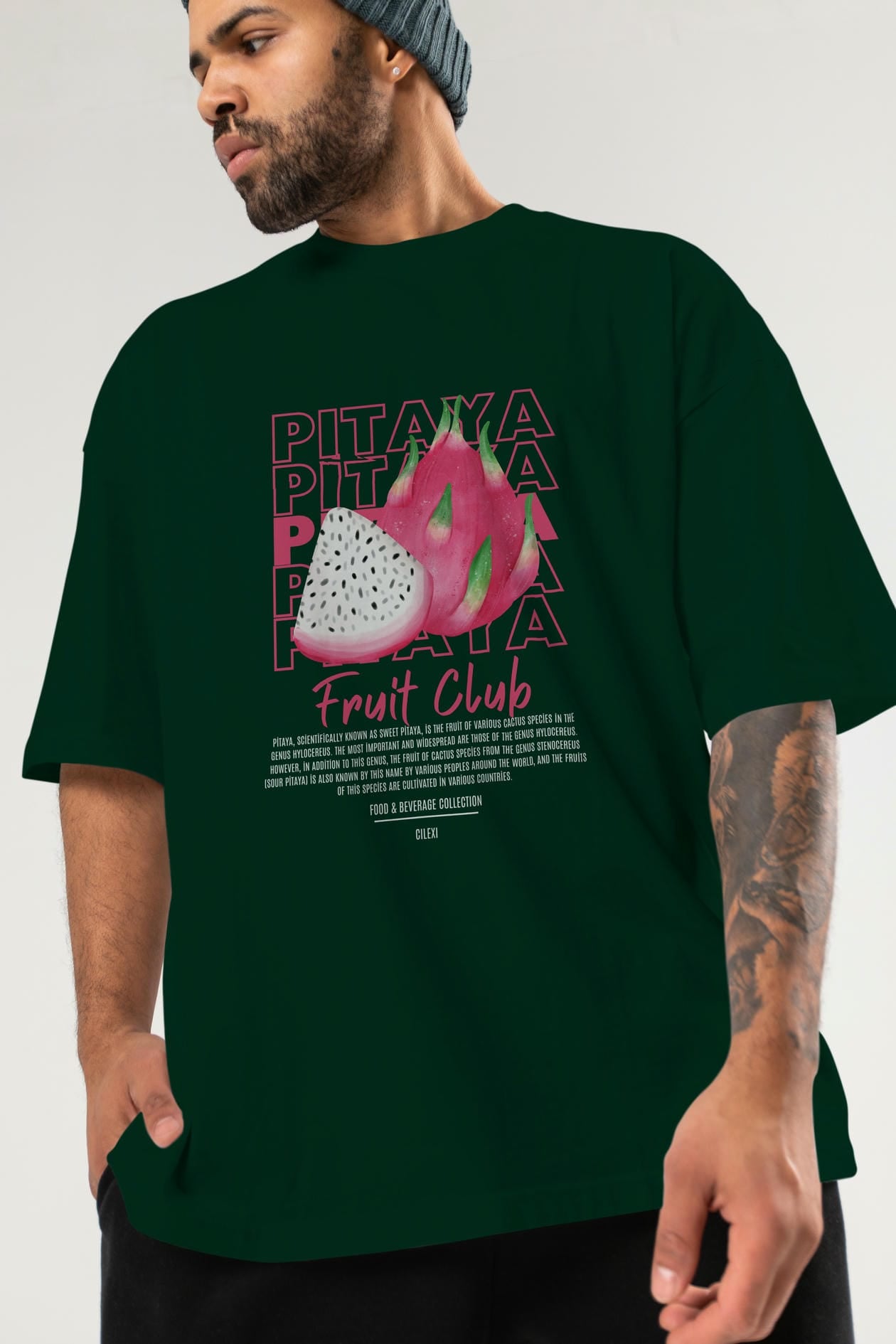 Pitaya Ön Baskılı Oversize t-shirt Erkek Kadın Pamuk Bisiklet Yaka tişort