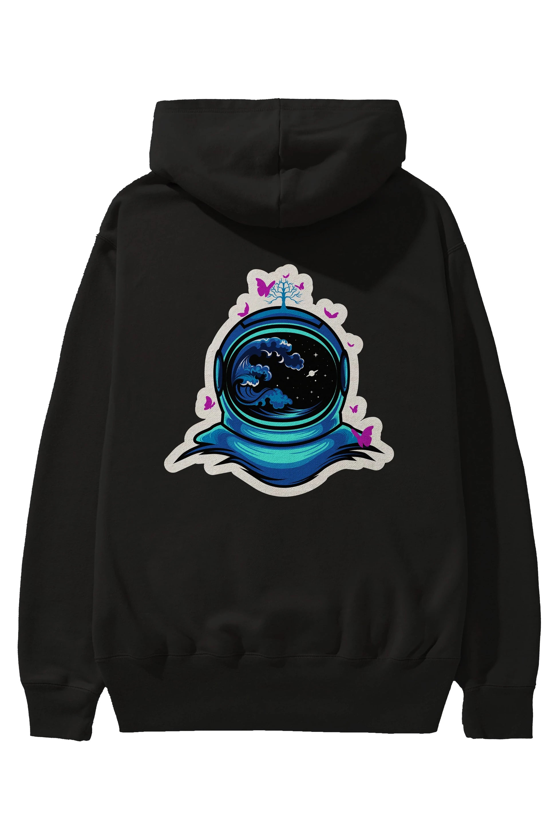 Astronaut and Butterfly Sticker Arka Baskılı Hoodie Oversize Kapüşonlu Sweatshirt Erkek Kadın Unisex