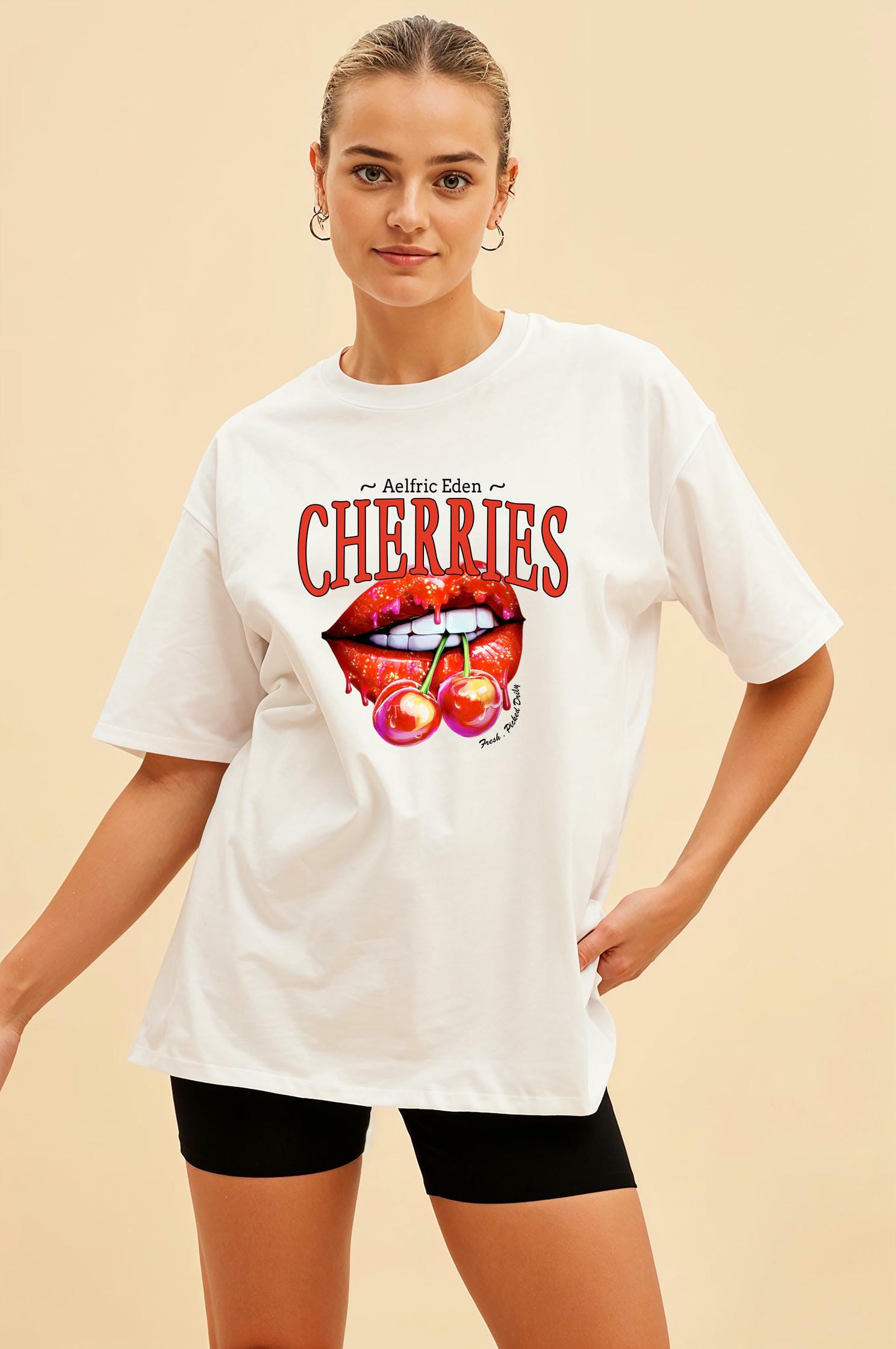 Cherry Cherries 3 Ön Baskılı Oversize t-shirt Erkek Kadın Pamuk Bisiklet Yaka tişort