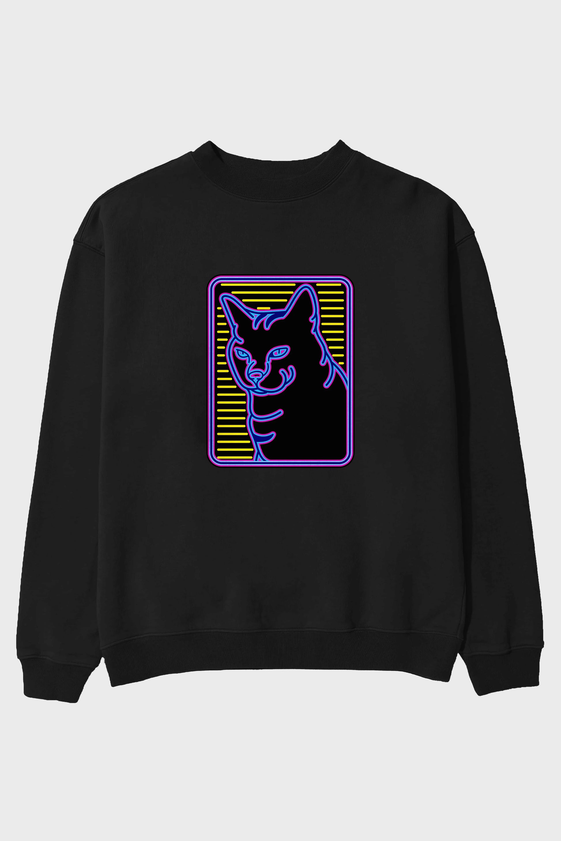 Neon Cat Ön Baskılı Oversize Sweatshirt Erkek Kadın Unisex