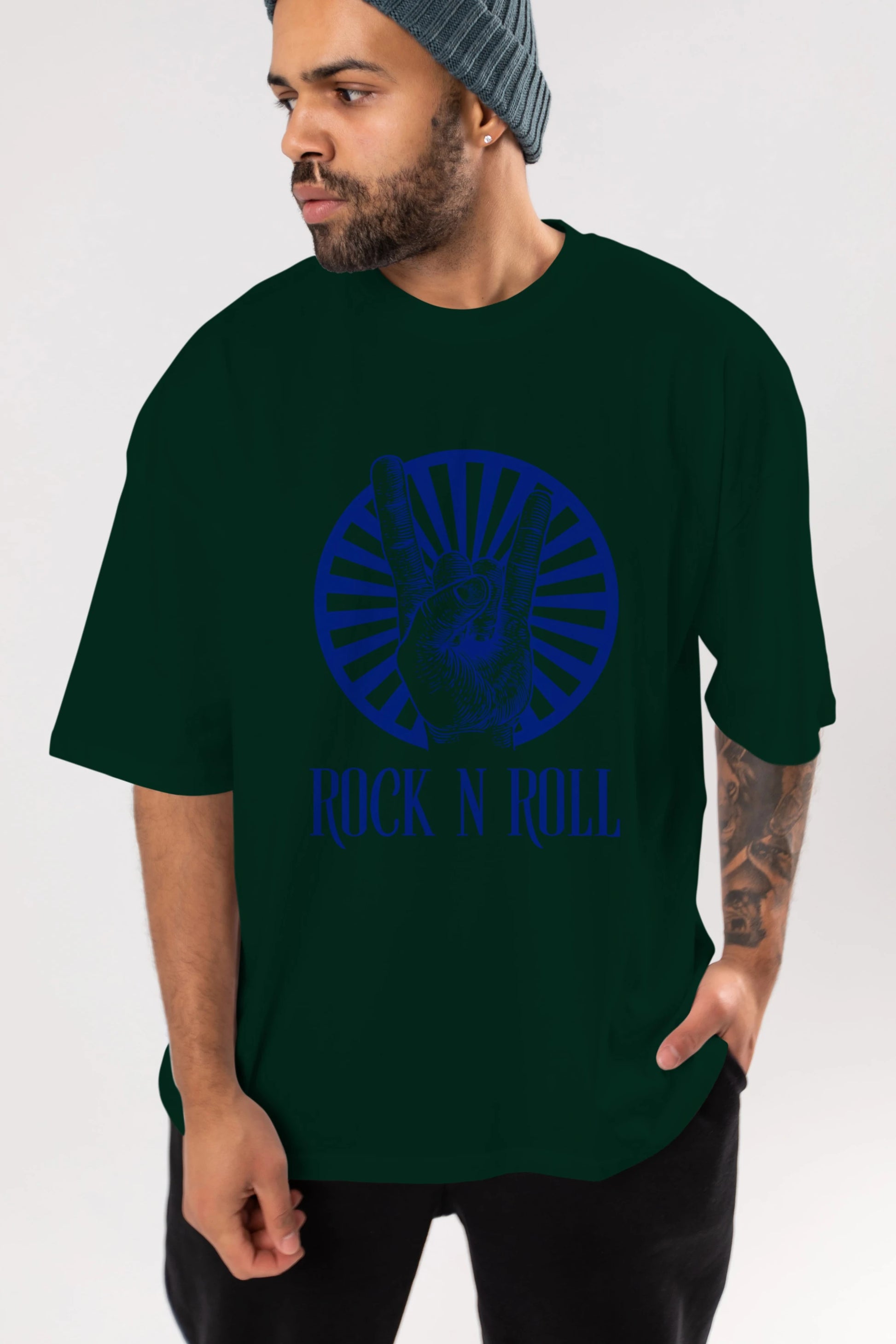Rock N Roll Yazılı Ön Baskılı Oversize t-shirt Erkek Kadın Unisex