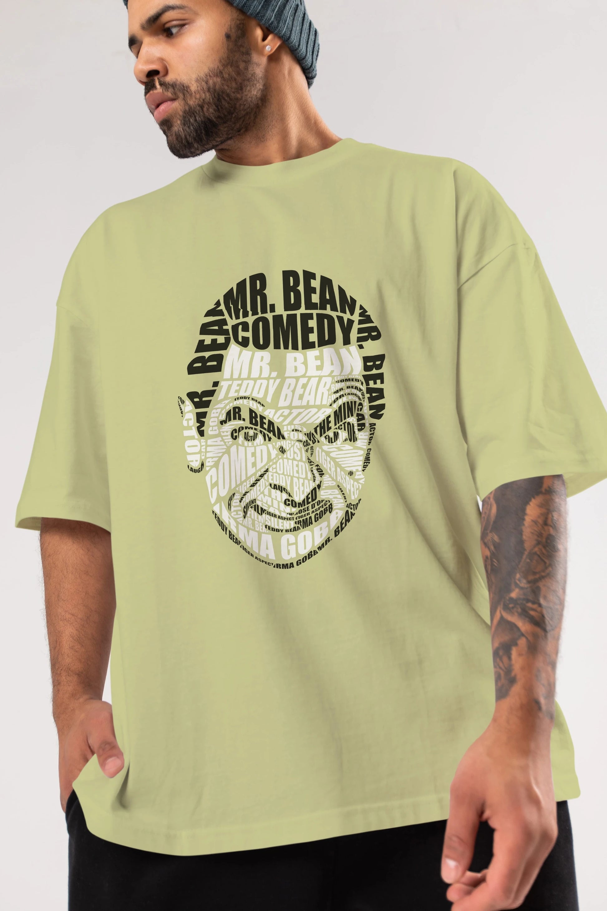 Mr Bean Calligram Ön Baskılı Oversize t-shirt %100 pamuk Erkek Kadın Unisex