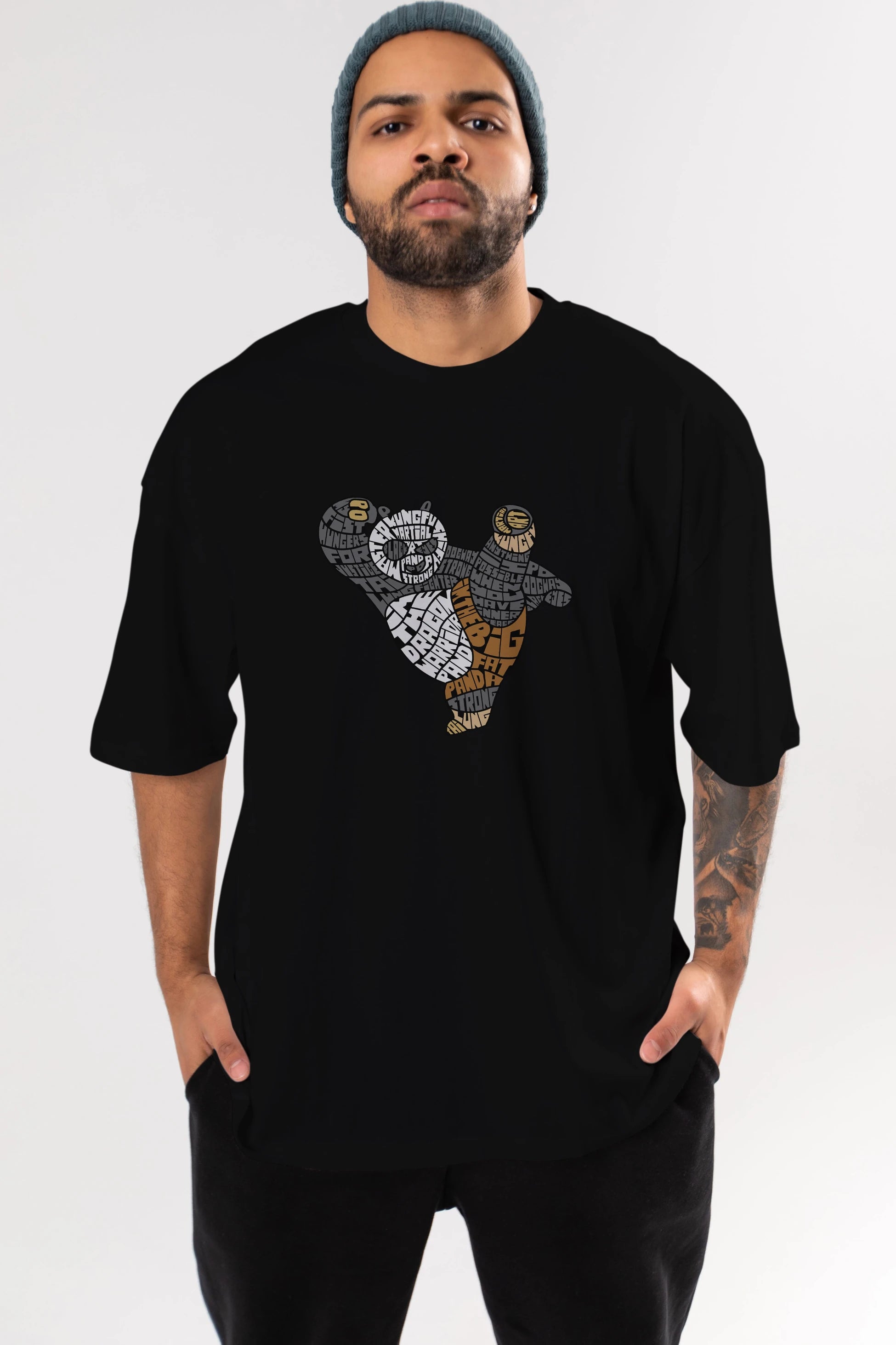 Warrior Panda Ön Baskılı Oversize t-shirt %100 pamuk Erkek Kadın Unisex