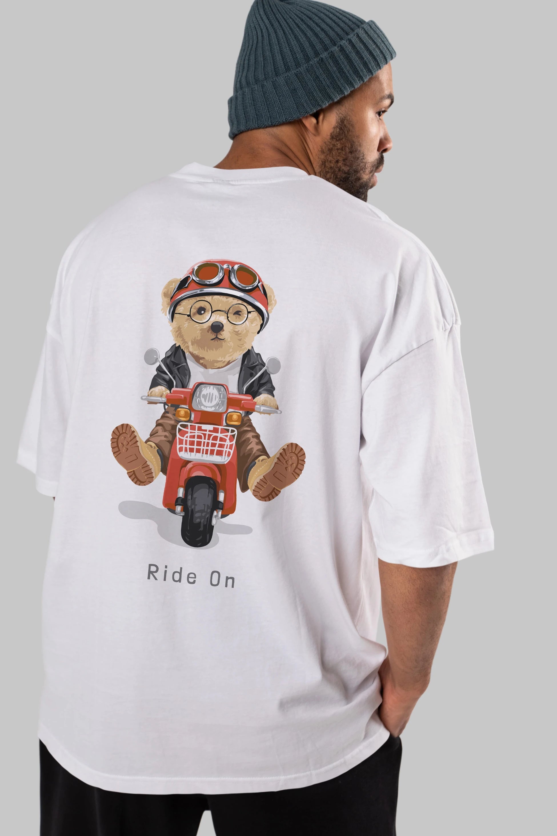 Teddy Bear Ride On Arka Baskılı Oversize t-shirt Erkek Kadın Unisex %100 Pamuk