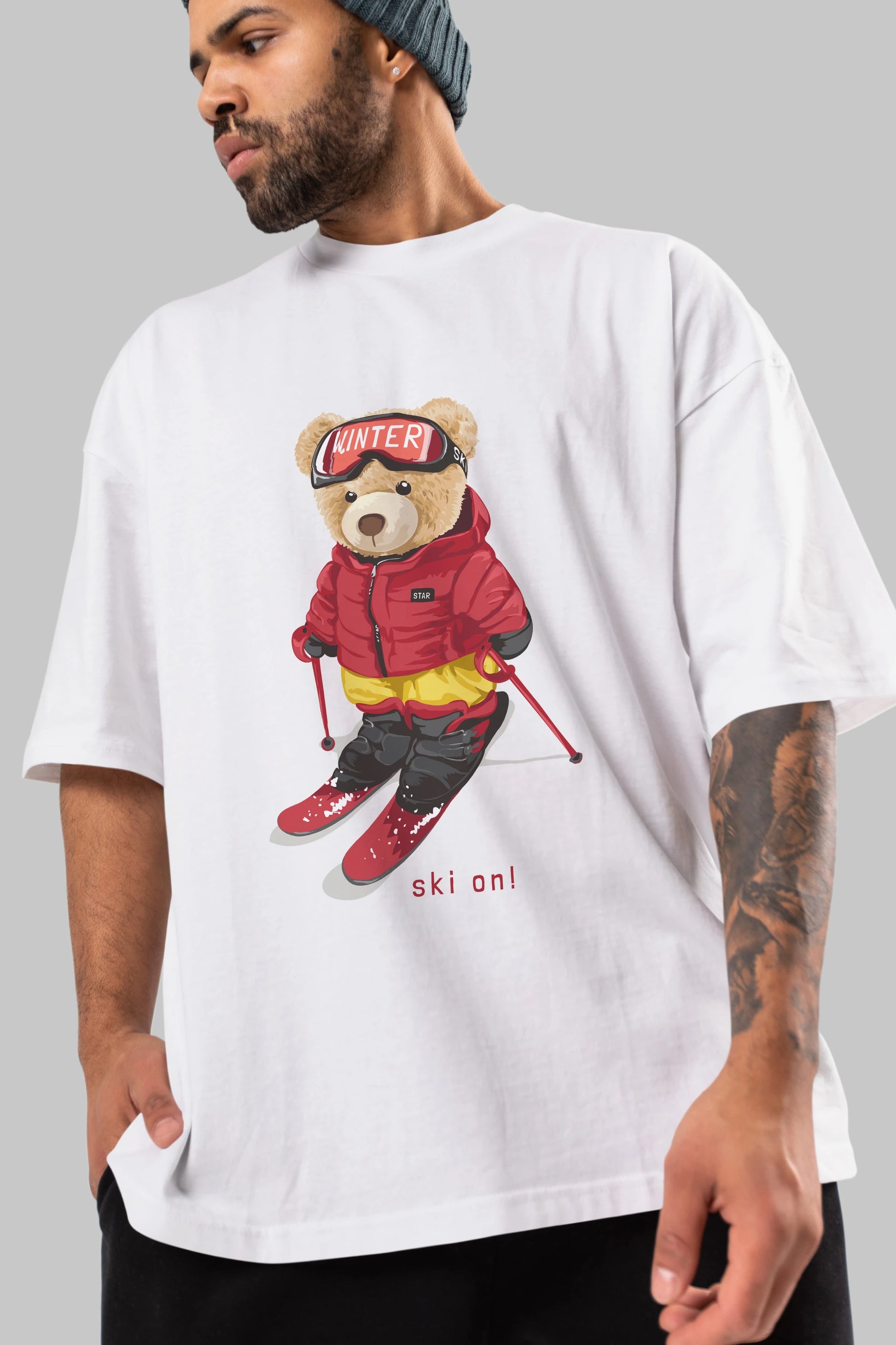 Teddy Bear Ski On Ön Baskılı Oversize t-shirt Erkek Kadın Unisex %100 Pamuk