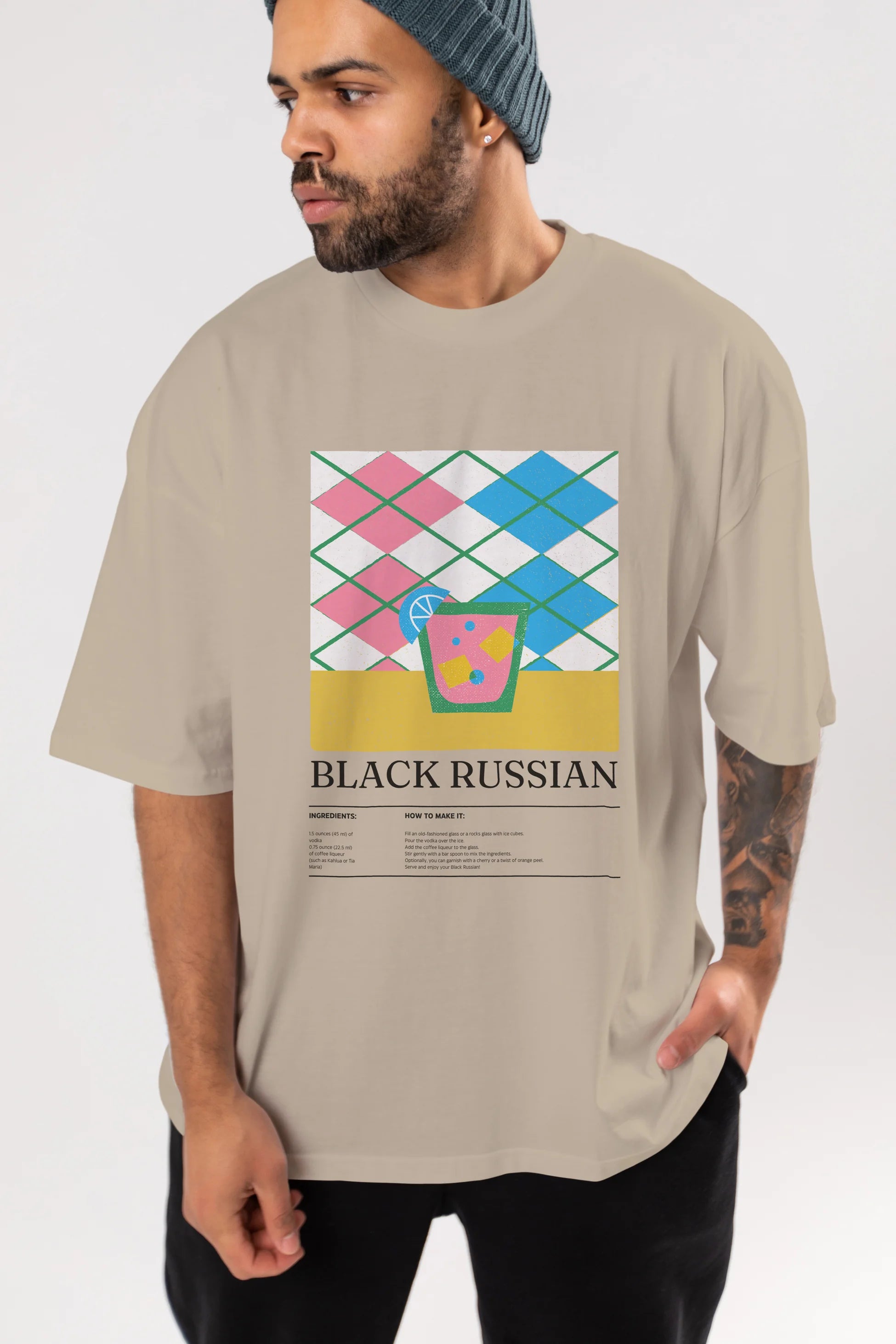 Black Russian Kokteyl Ön Baskılı Oversize t-shirt Erkek Kadın %100 Pamuk Bisiklet Yaka tişort