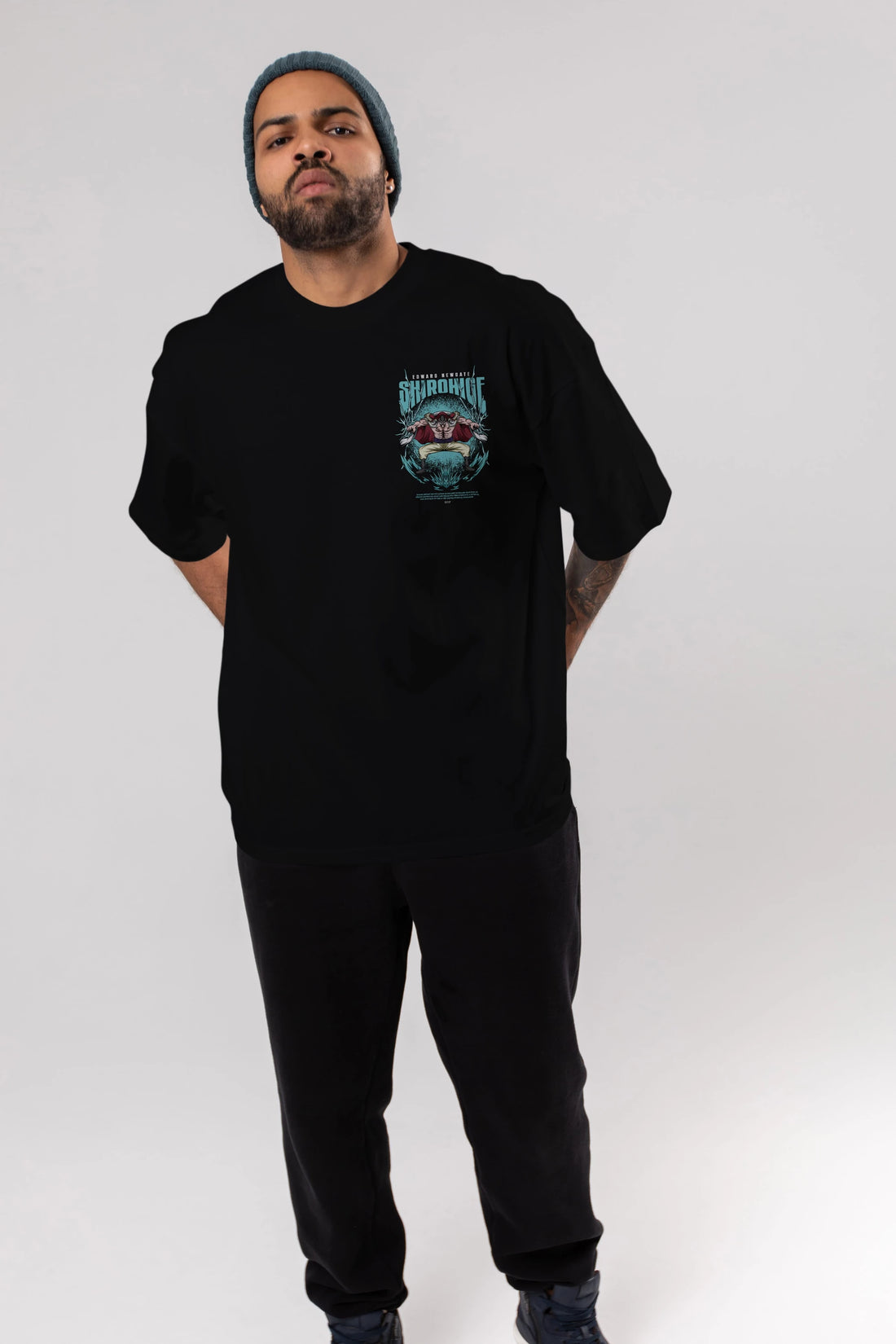 Shirohige Ön Sol Baskılı Oversize t-shirt Erkek Kadın Unisex %100 Pamuk Bisiklet Yaka tişort