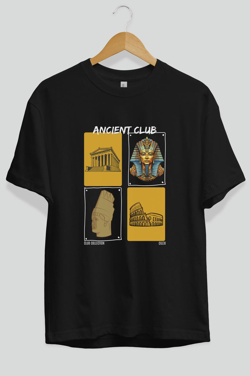 Ancient Club ön Baskılı Oversize t-shirt Erkek Kadın %100 Pamuk Bisiklet Yaka tişort