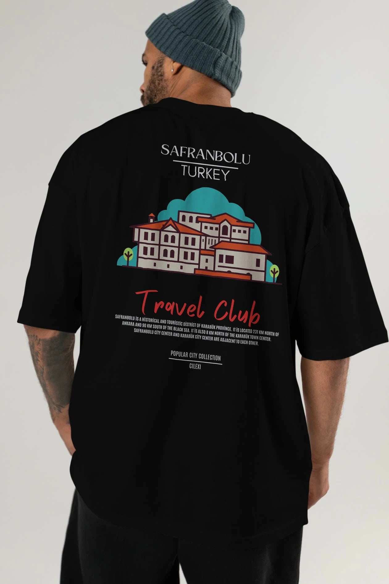 Safranbolu Turkey Arka Baskılı Oversize t-shirt Erkek Kadın Pamuk Bisiklet Yaka tişort