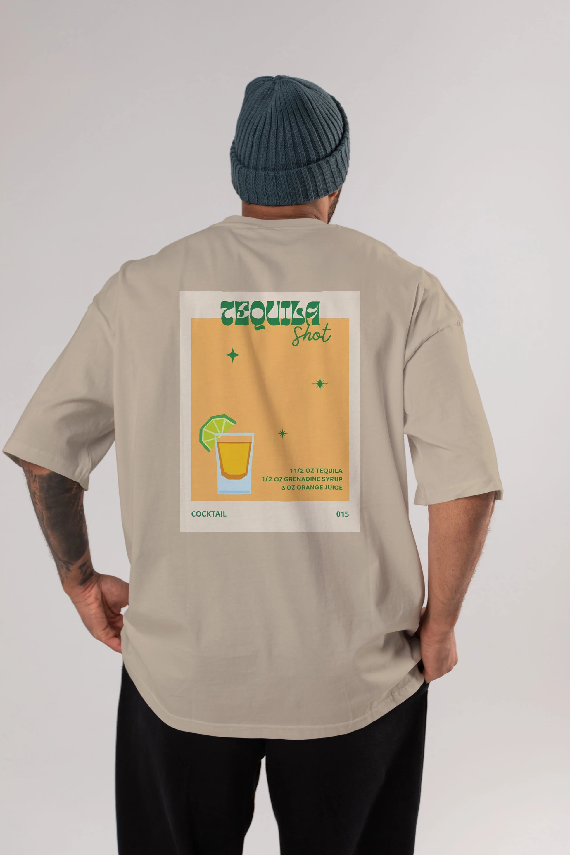 Tequila Shot 2 Arka Baskılı Oversize t-shirt Erkek Kadın Unisex %100 Pamuk Bisiklet Yaka tişort