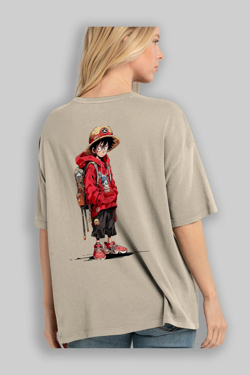 One Piece Arka Baskılı Oversize t-shirt Erkek Kadın Unisex %100 Pamuk Bisiklet Yaka tişort