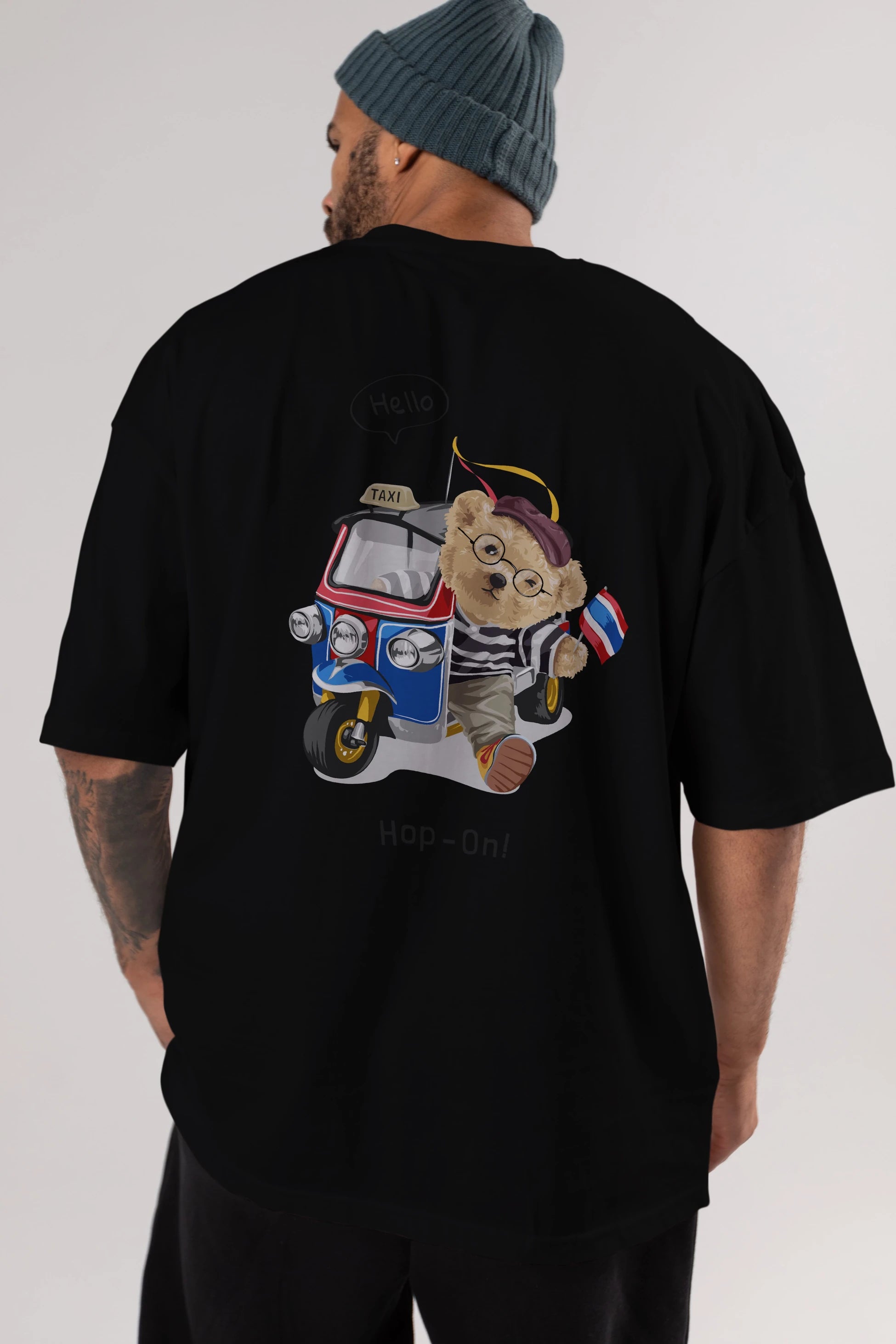 Teddy Bear Hop-On Arka Baskılı Oversize t-shirt Erkek Kadın Unisex %100 Pamuk