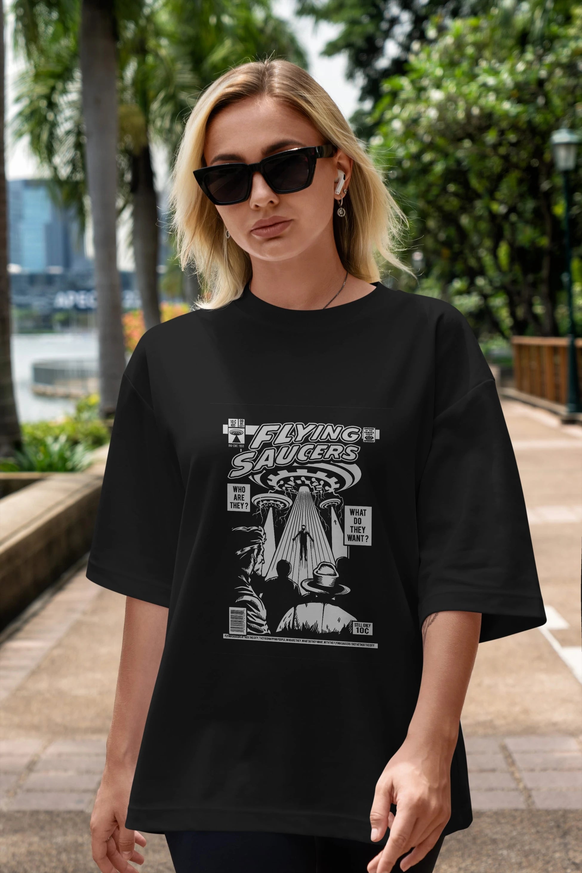 UFO Ön Baskılı Oversize t-shirt Erkek Kadın Unisex %100 Pamuk tişort