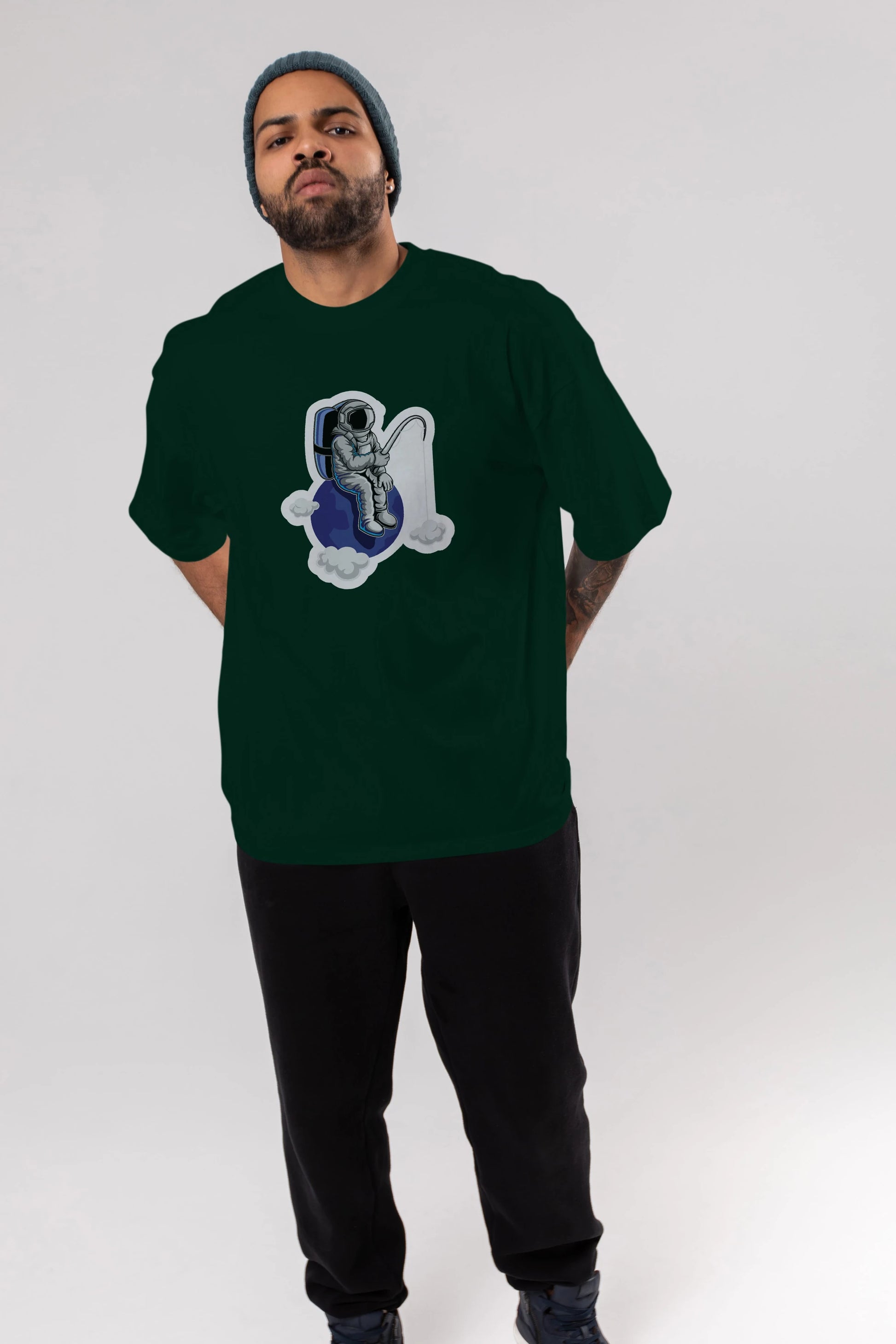 Astronaut Fishing Sticker Ön Baskılı Oversize t-shirt Erkek Kadın Unisex