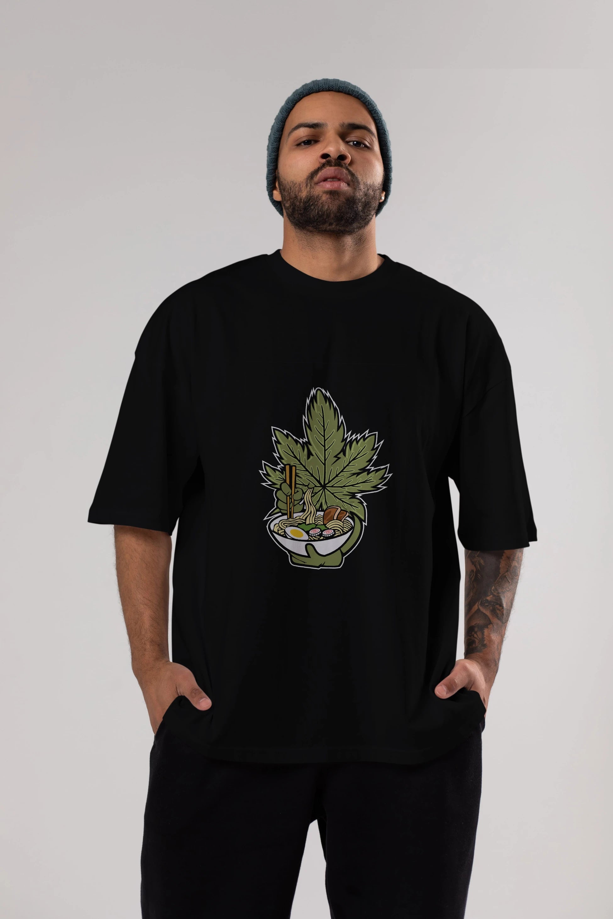Weed Ramen Ön Baskılı Oversize t-shirt Erkek Kadın Unisex %100 Pamuk tişort