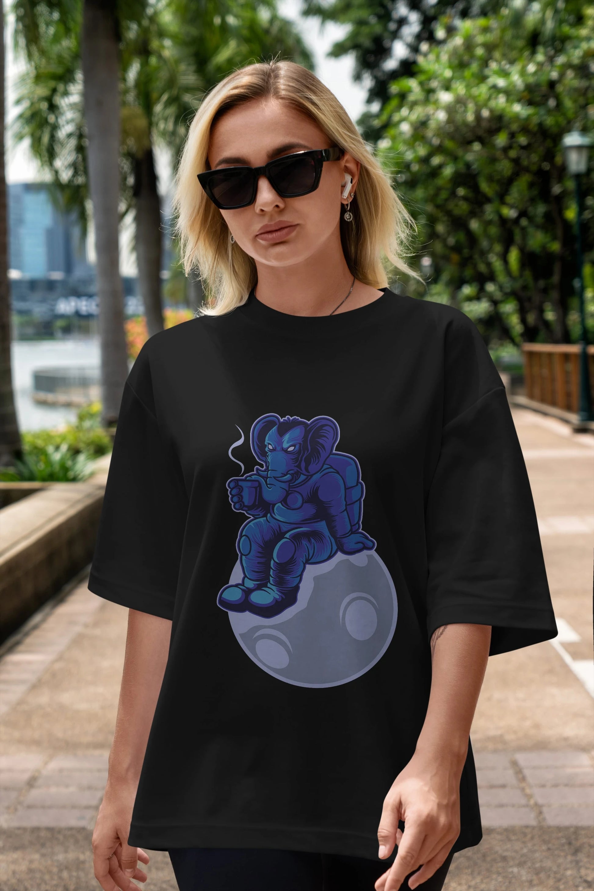 Space Elephant Drink Coffee Ön Baskılı Oversize t-shirt Erkek Kadın Unisex
