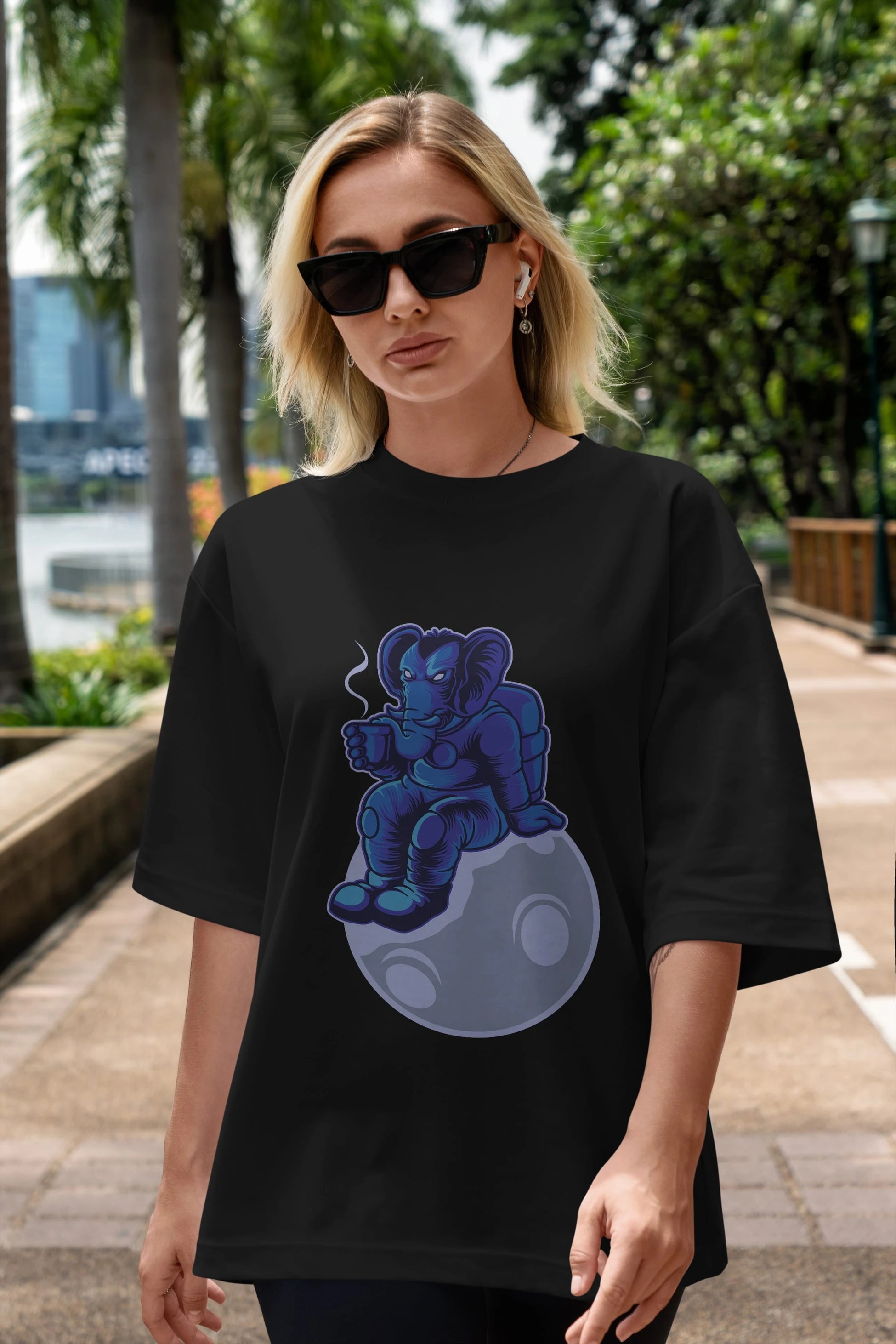 Space Elephant Drink Coffee Ön Baskılı Oversize t-shirt Erkek Kadın Unisex