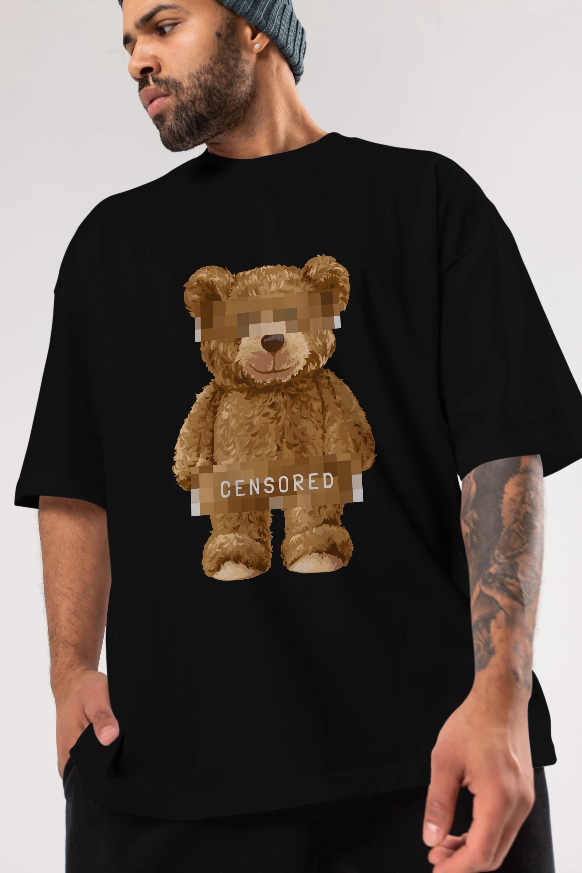Teddy Bear Censored Ön Baskılı Oversize t-shirt Erkek Kadın Unisex %100 Pamuk