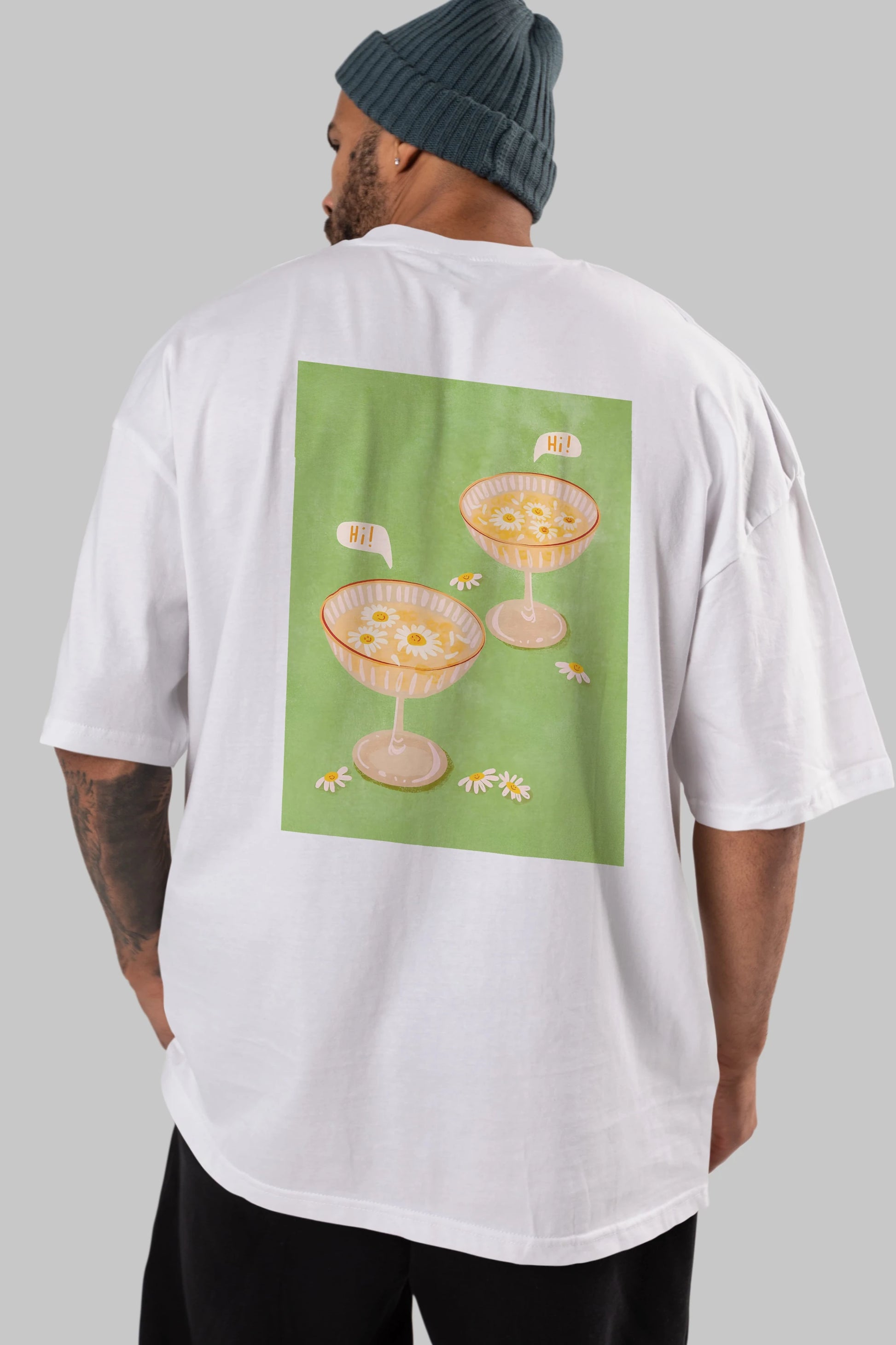 Hi Cheers Arka Baskılı Oversize t-shirt Erkek Kadın Unisex %100 Pamuk Bisiklet Yaka tişort
