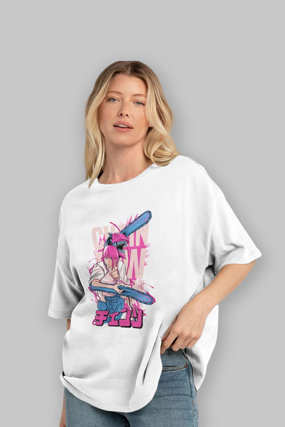 DENJI and MAKIMA Anime Ön Baskılı Oversize t-shirt %100 pamuk Erkek Kadın Unisex