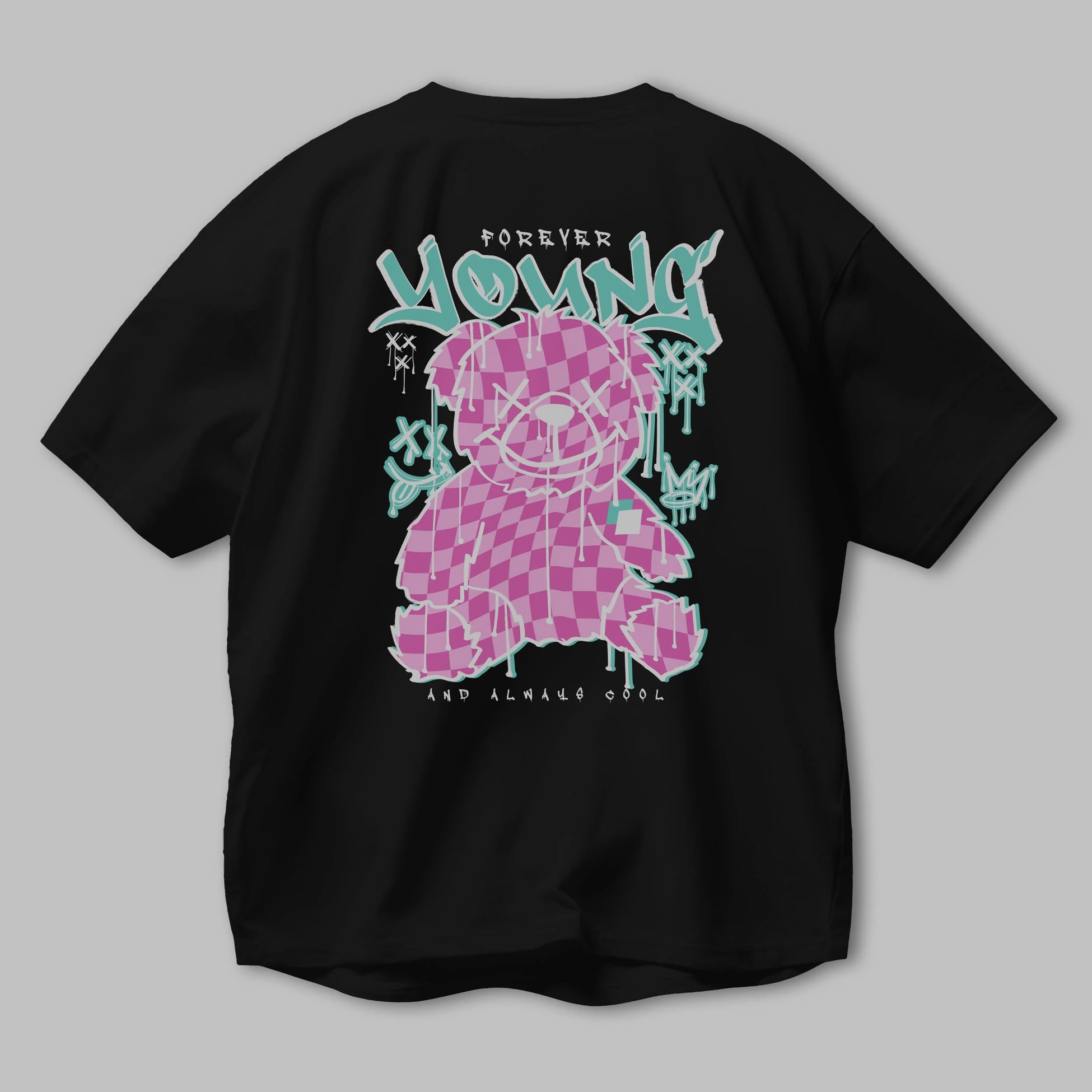 Young and Always Cool Bear Arka Baskılı Oversize t-shirt Erkek Kadın Unisex