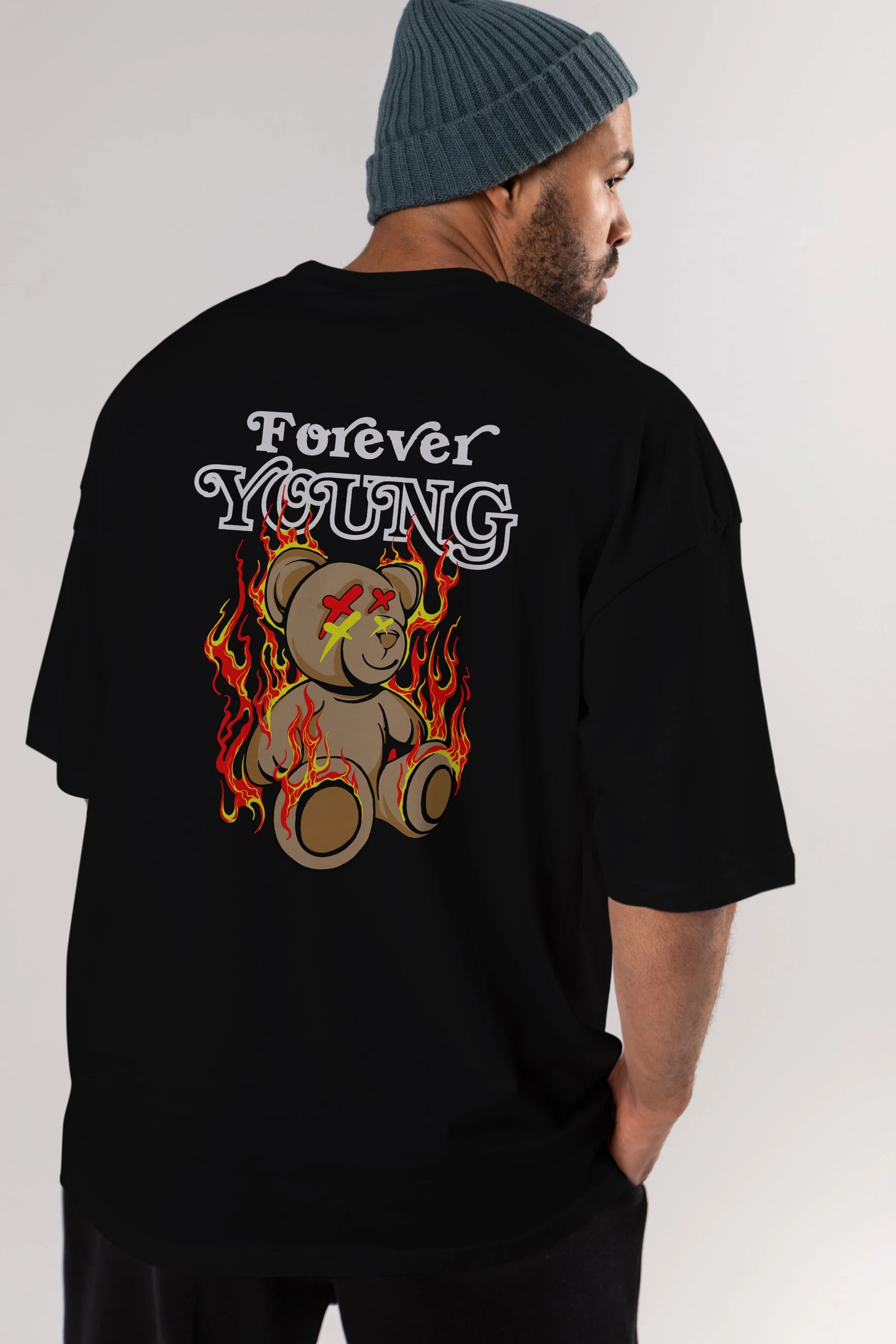 Forever Young Bear Arka Baskılı Oversize t-shirt Erkek Kadın Unisex